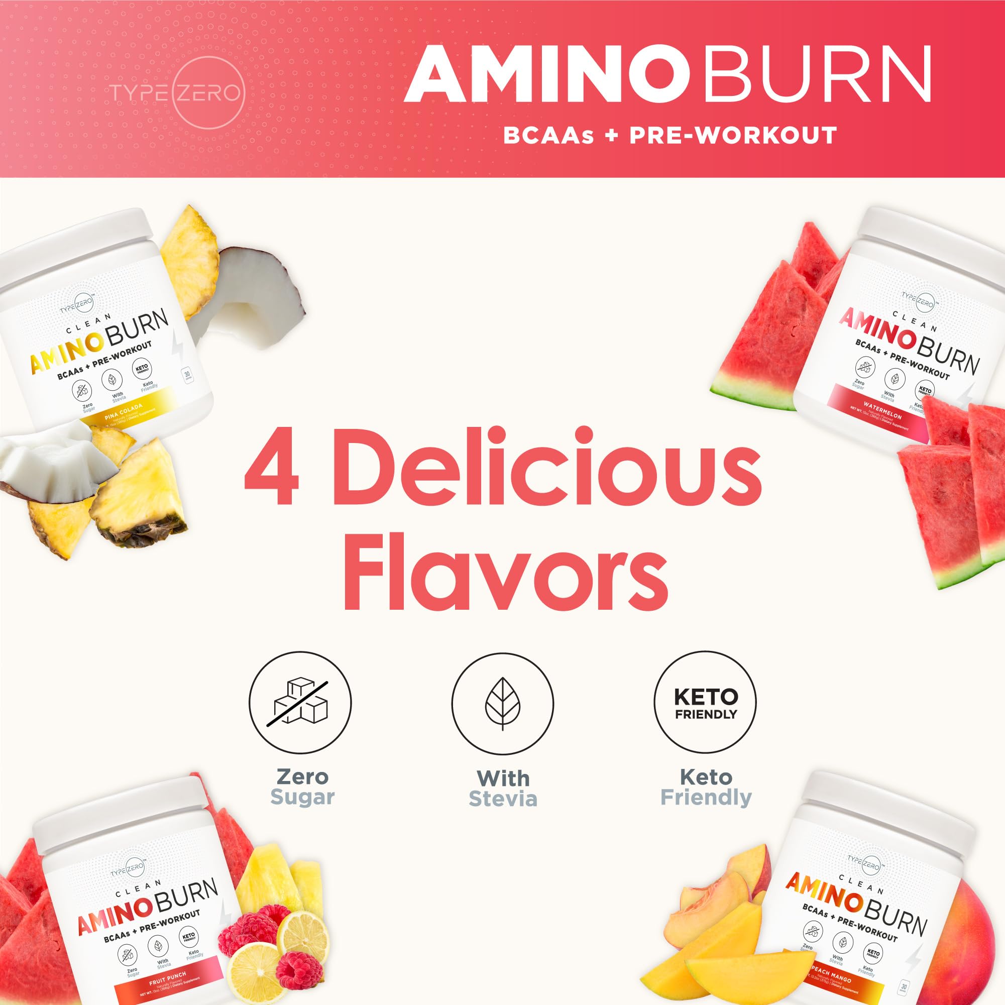 Type Zero AminoBurn (Watermelon Flavored) - Vegan Amino Acids BCAA Drink Sugar-Free Energy Drink Powder & Amino Acids Supplement - Natural Energy Type ZeroUS supplements