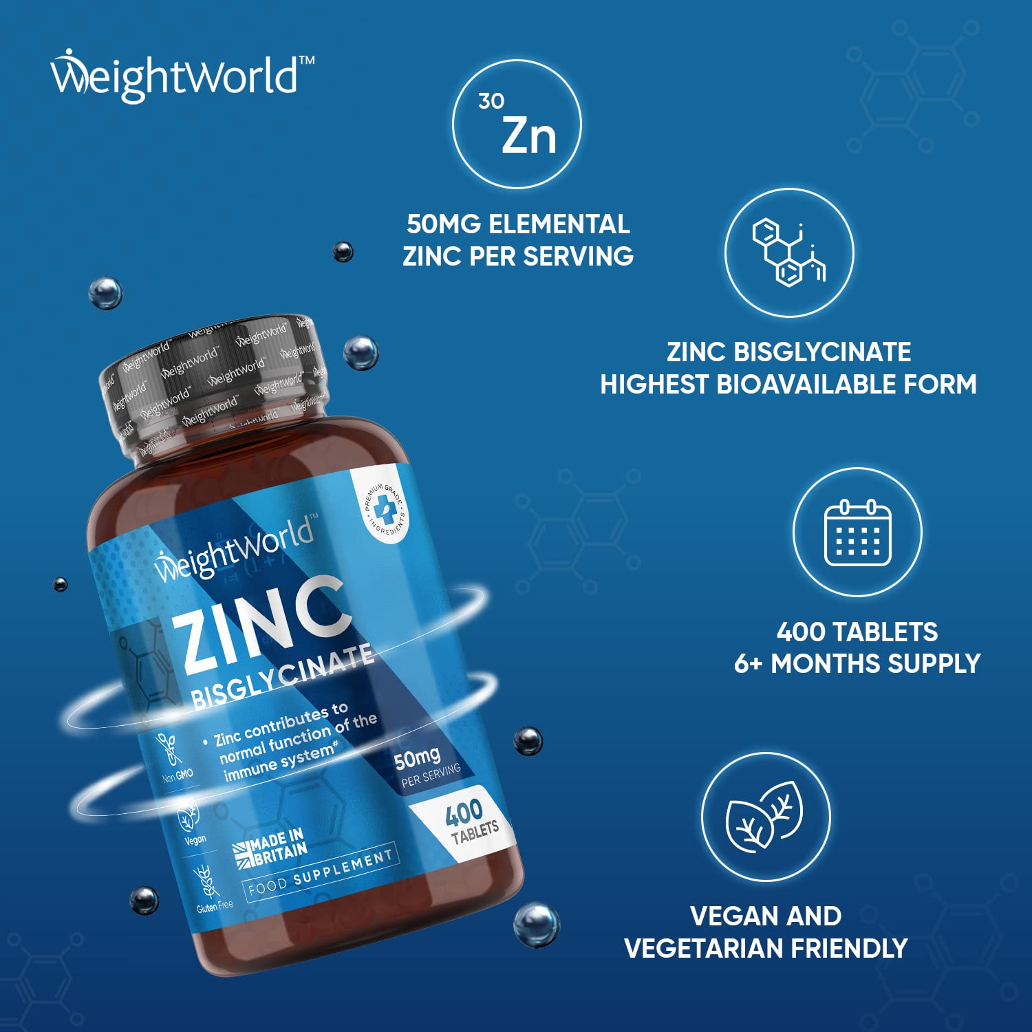 High Strength Zinc Tablets 50mg – 400 Vegan Zinc Bisglycinate Tablets 6+ Months WeightWorldUS supplements