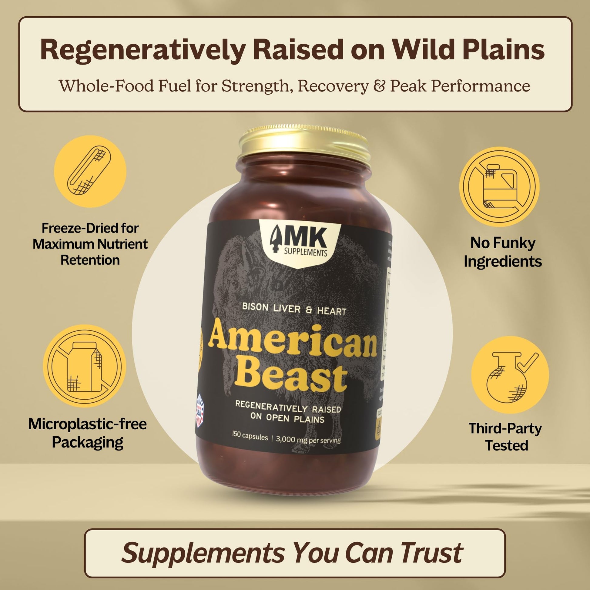 MK Supplements American Beast | Bison Liver & Heart Capsules | ~49x More CoQ10 Than Beef Liver | Regeneratively Raised Bison | 150 Capsules MK SupplementsAu supplements