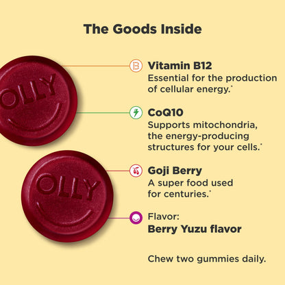 OLLY Extra Strength Daily Energy Gummy, Caffeine Free, 1000mcg Vitamin B12, CoQ10, Goji Berry, Adult Chewable Supplement OLLYUS supplements