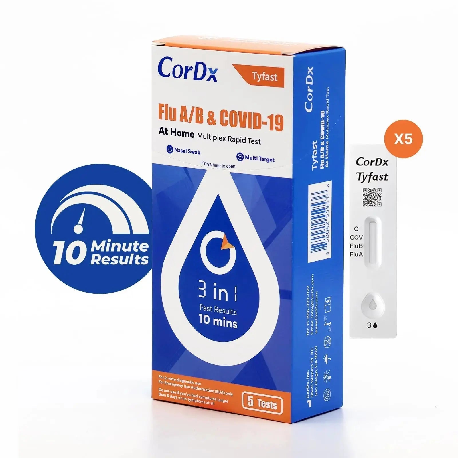 CorDx TyFast at Home Flu A/B & COVID-19 Multiplex Rapid Test Kit, Easy, Accurate, Fast Results in 10 Minutes, 3 in 1 Combo Kit, 5 Tests CorDxAu supplements