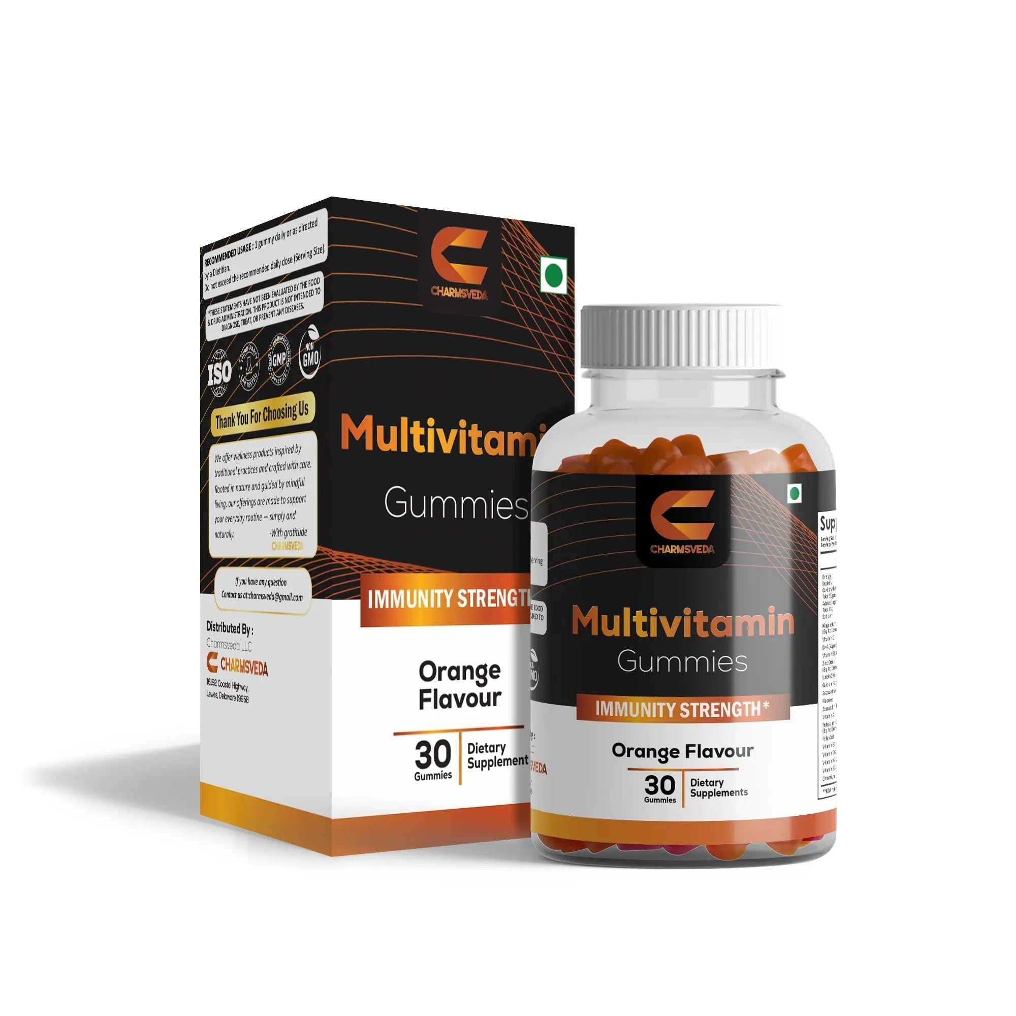 CHARMSVEDA Multivitamin Gummies – Energy, Immunity & Overall Wellness with DHA, Vitamin C, Zinc & Antioxidants – Orange Flavour – 30 Gummies CHARMSVEDAAu supplements