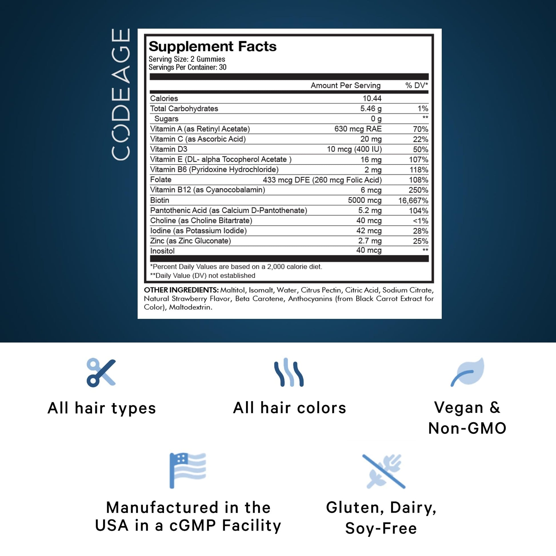 Codeage Hair Gummies, Biotin 5000 mcg, Sugar Free Growth Gummy Vitamins A, C, B6, B12, D3, Zinc, Inositol Supplement CodeageUS supplements