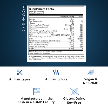 Codeage Hair Gummies, Biotin 5000 mcg, Sugar Free Growth Gummy Vitamins A, C, B6, B12, D3, Zinc, Inositol Supplement CodeageUS supplements
