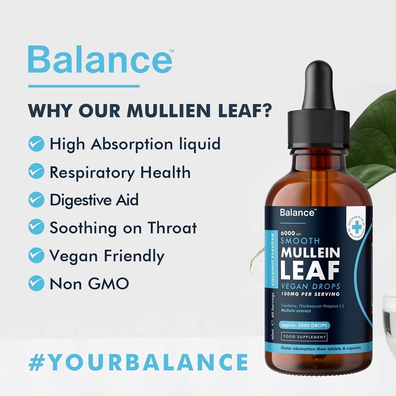 Balance Mullein Leaf Liquid Drops - 60ml for 2 Month Supply - High Strength - Vegan BalanceUS supplements