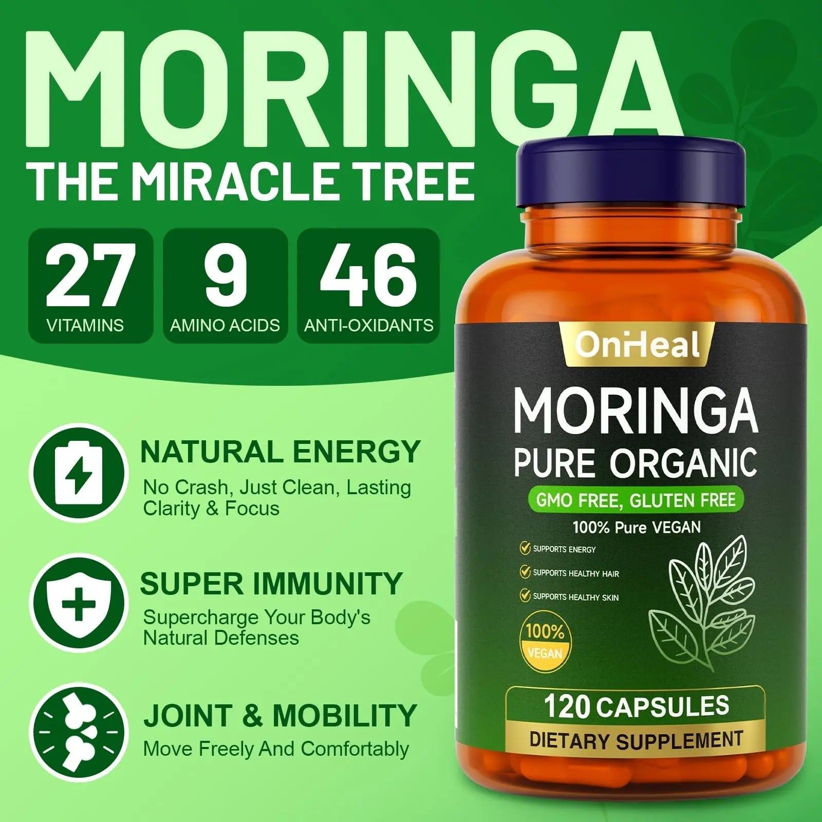 YBFQ Organic Moringa Capsules 1000 mg, 120 Count - Moringa Capsules with Organic Olefeira Powder, Supports Healthy Hair and Skin, Energy and Balance YBFQAu supplements