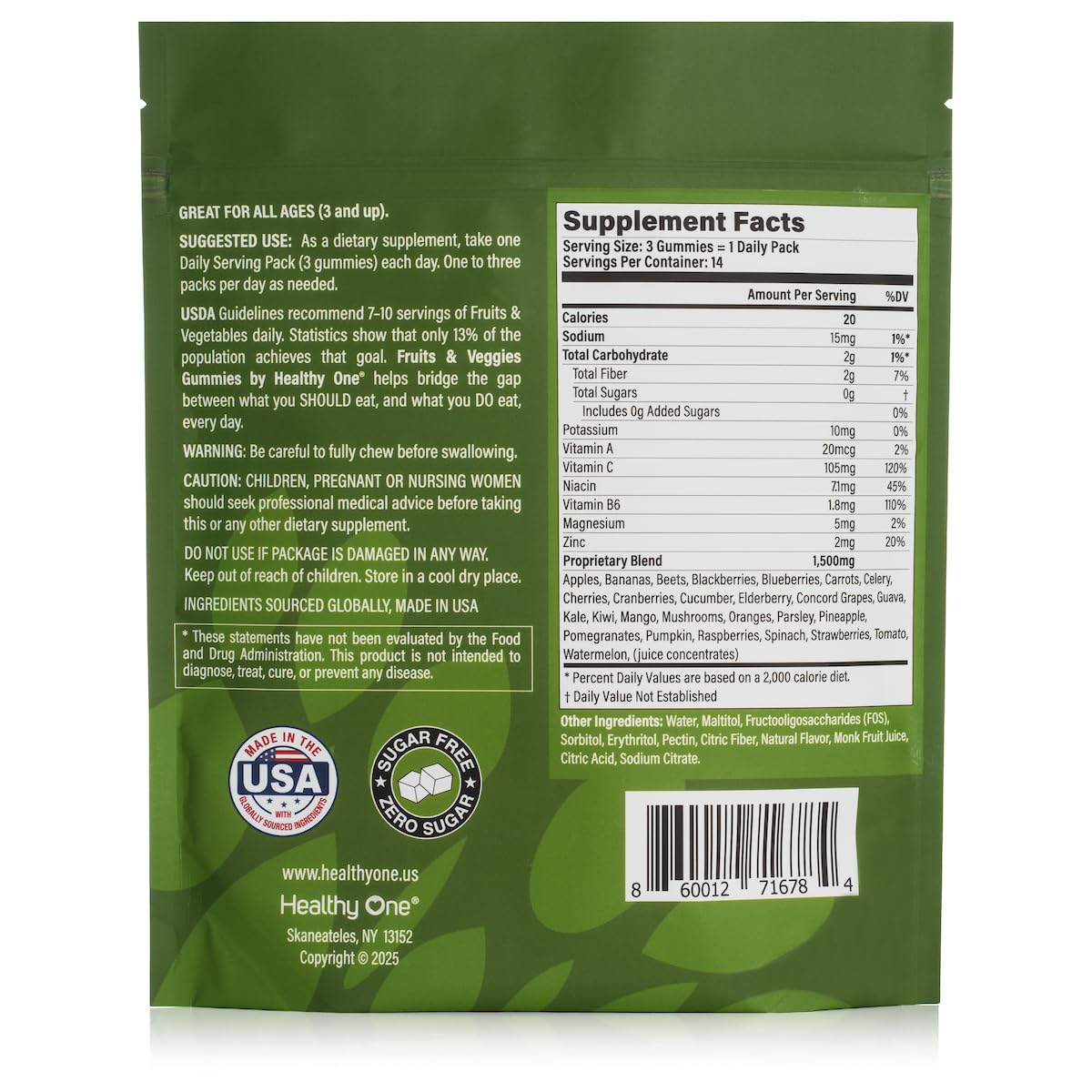 Fruits & Veggies Sugar-Free Gummies - 27 Whole Foods - Equals 3 Servings of Fruits & Vegetables - Improve Energy, Focus & Immune Function - Fiber - Antioxidants - Organic Ingredients - 28 Packets Healthy OneAu supplements