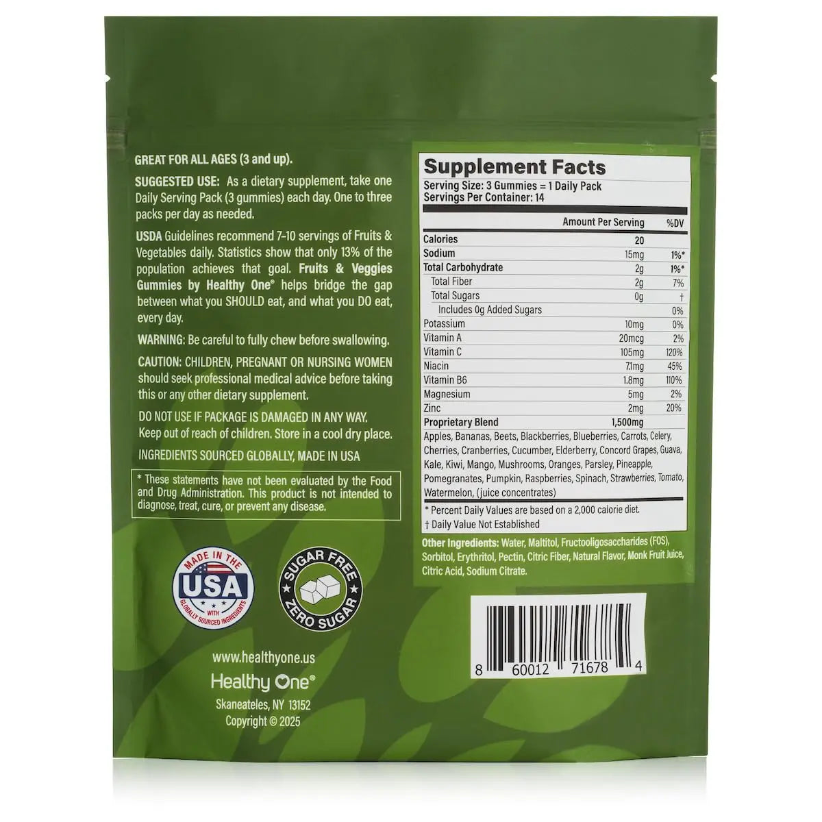 Fruits & Veggies Sugar-Free Gummies - 27 Whole Foods - Equals 3 Servings of Fruits & Vegetables - Improve Energy, Focus & Immune Function - Fiber - Antioxidants - Organic Ingredients - 14 Packets Healthy Onenz supplements