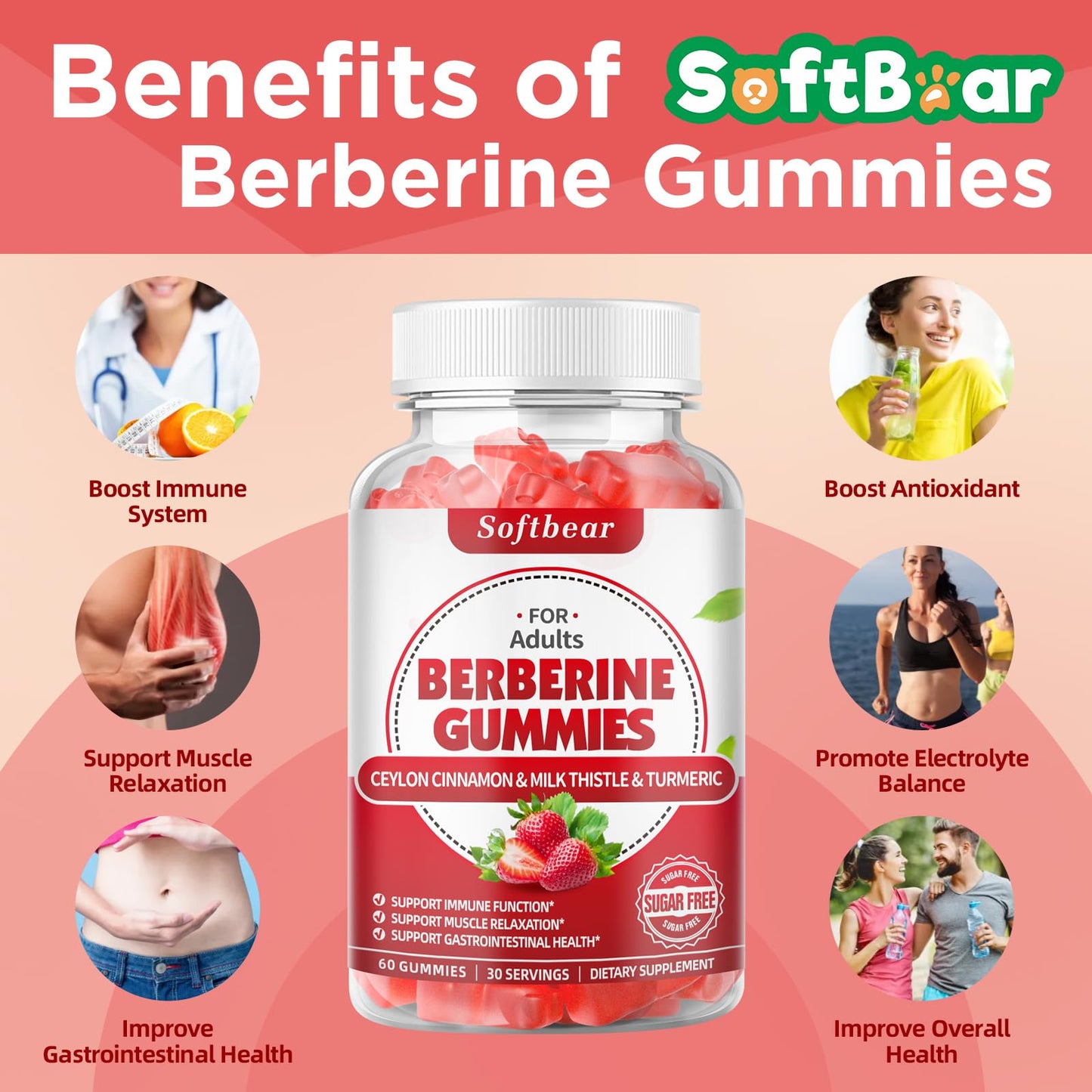 softbear Berberine with Ceylon Cinnamon Gummies-99% Purity Berberine HCL Supplements softbearUS supplements