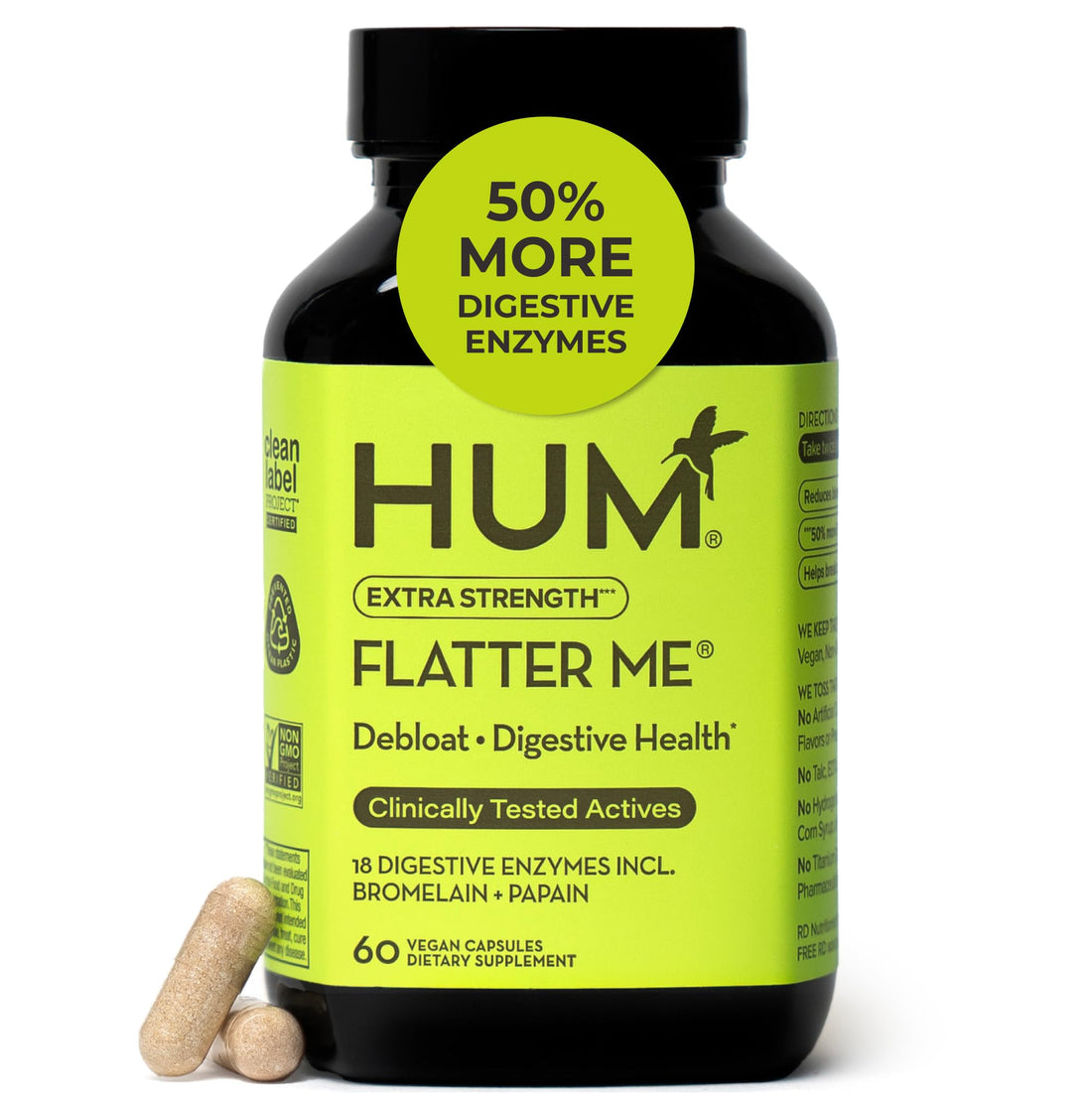 HUM Flatter Me Extra Strength Digestive Enzymes for Women, Men, Digestive Gut Bloating Supplement, Ginger, Peppermint Leaf, Fast Acting Anti Bloat HUMUS supplements