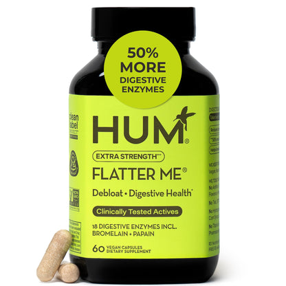 HUM Flatter Me Extra Strength Digestive Enzymes for Women, Men, Digestive Gut Bloating Supplement, Ginger, Peppermint Leaf, Fast Acting Anti Bloat HUMUS supplements
