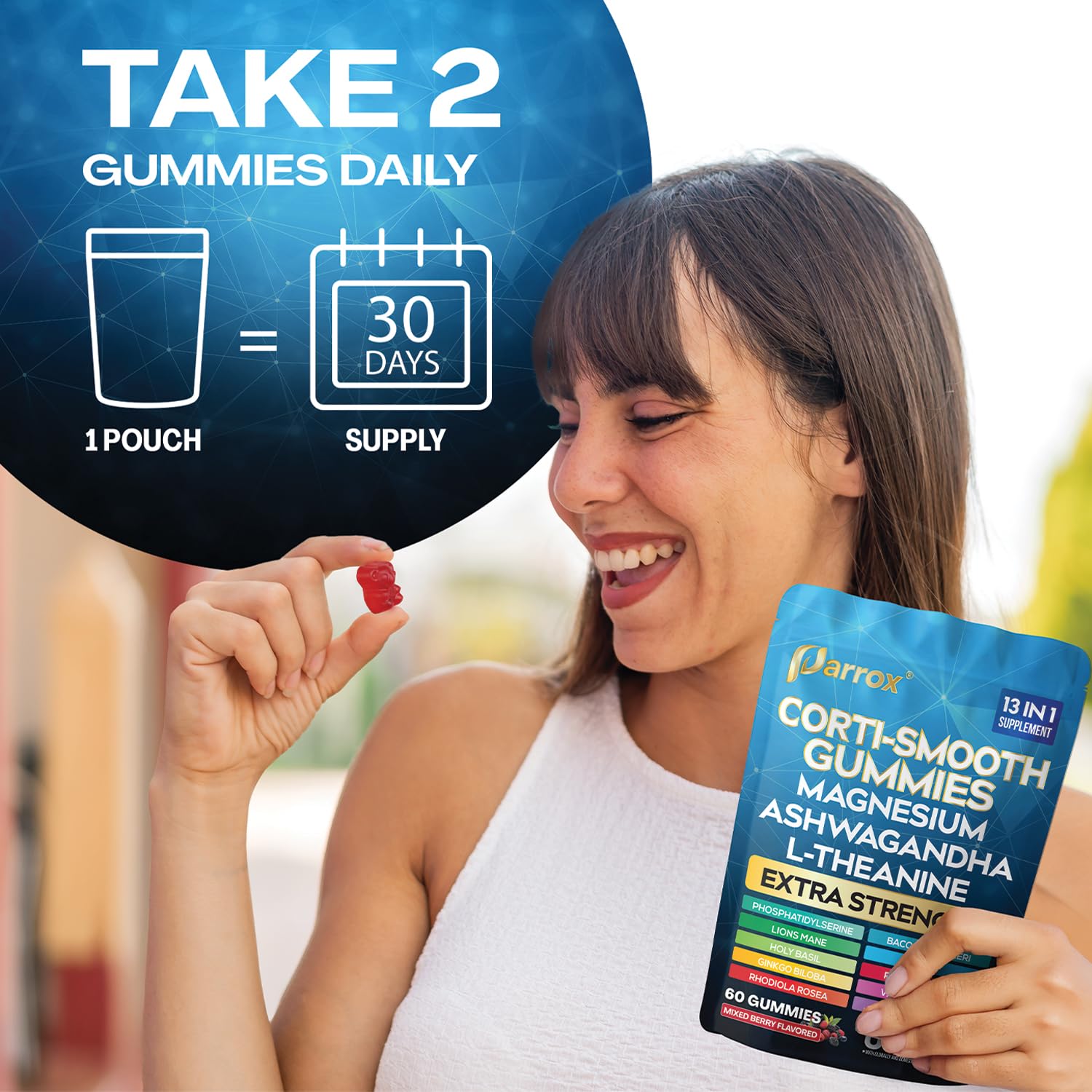 Parrox Corti-Smooth Cortisol Support Gummies with Magnesium, L-Theanine, Ashwagandha, Phosphatidylserine, Bacopa Monnieri, Lions Mane, Ginkgo Biloba, Valerian Root (60 Gummies - Mixed Berry Flavor) ParroxAu supplements