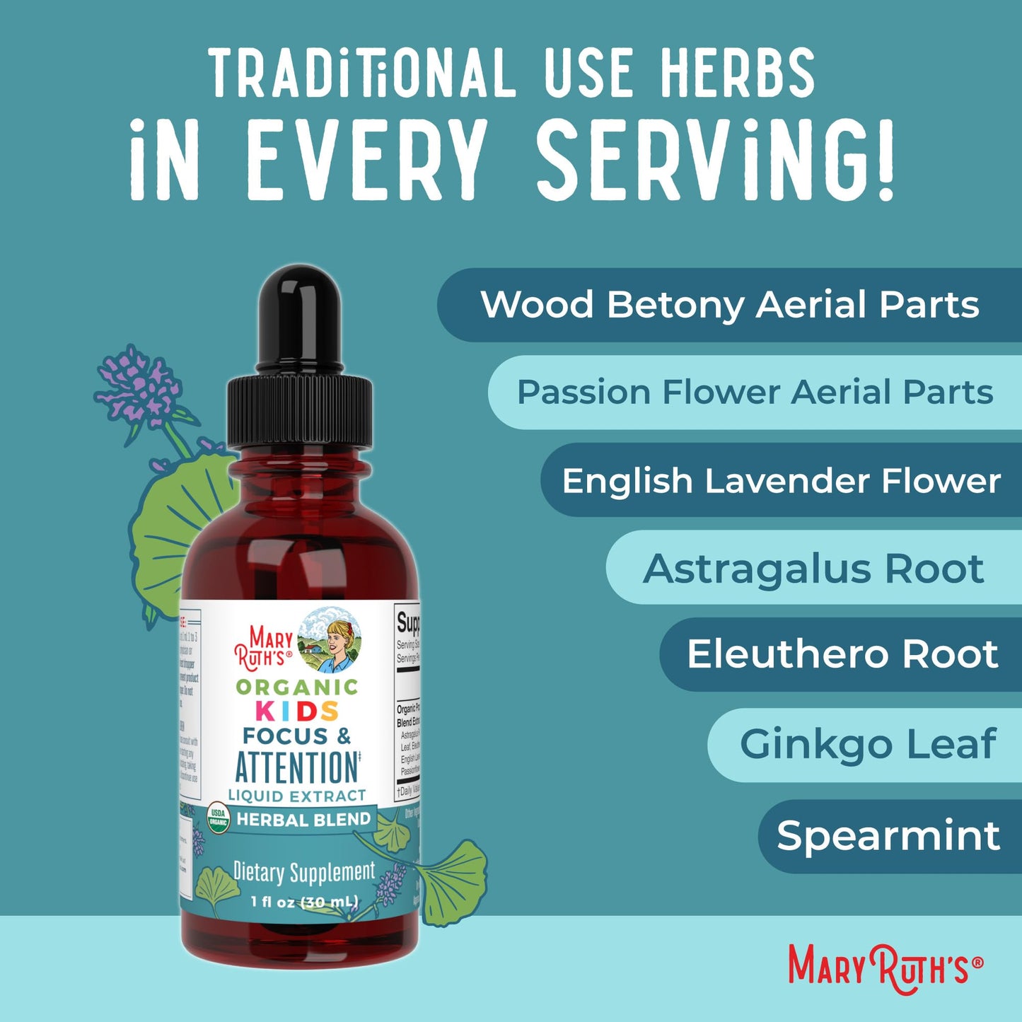 MaryRuth Organics Kids Focus & Attention Drops | USDA Organic Drops | Ginkgo Biloba | Rhodiola Root & Licorice Root | Adaptogenic | Calm | Vegan | Non-GMO | Gluten Free | 30 Servings MARYRUTH'SUS supplements
