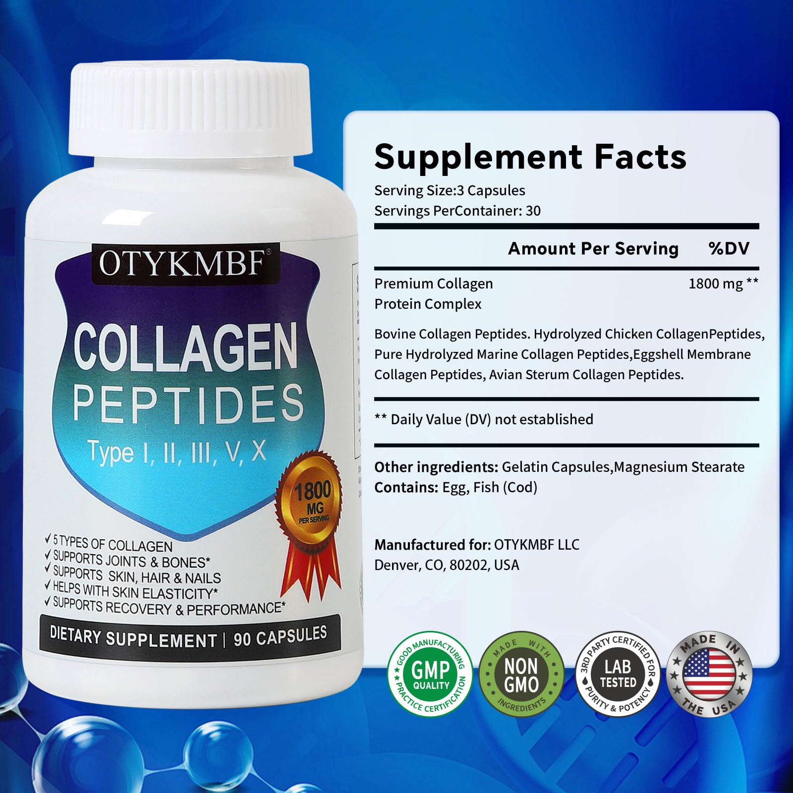 OTYKMBF Multi Collagen Peptides Pills 1800mg, Type I, II, III, V, X - Hydrolyzed Premium Collagen Complex Supports Skin, Joints, Hair & Nails, Hydrolyzed Protein for Women Men, 90 Capsules OTYKMBFAu supplements