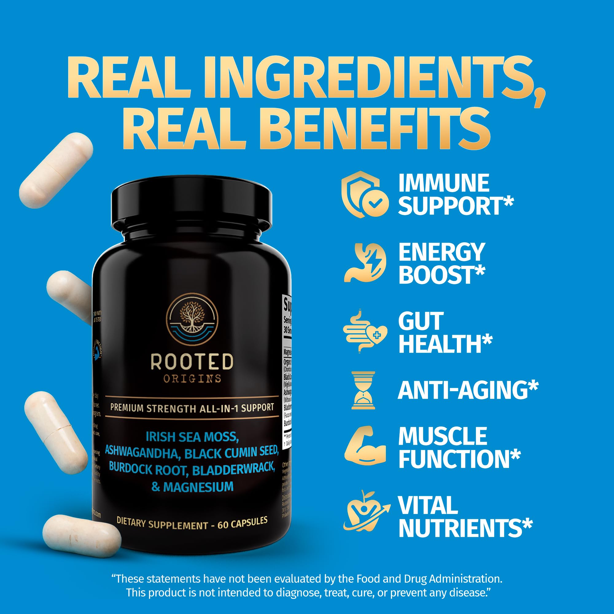 Rooted Origins Sea Moss Capsules – Irish Sea Moss Advanced, Magnesium, Ashwaghanda, Black Seed Oil, Burdock Root & Bladderwrack – Immune Support, Gut Health, Energy, & More – 60 Capsules Rooted OriginsAu supplements