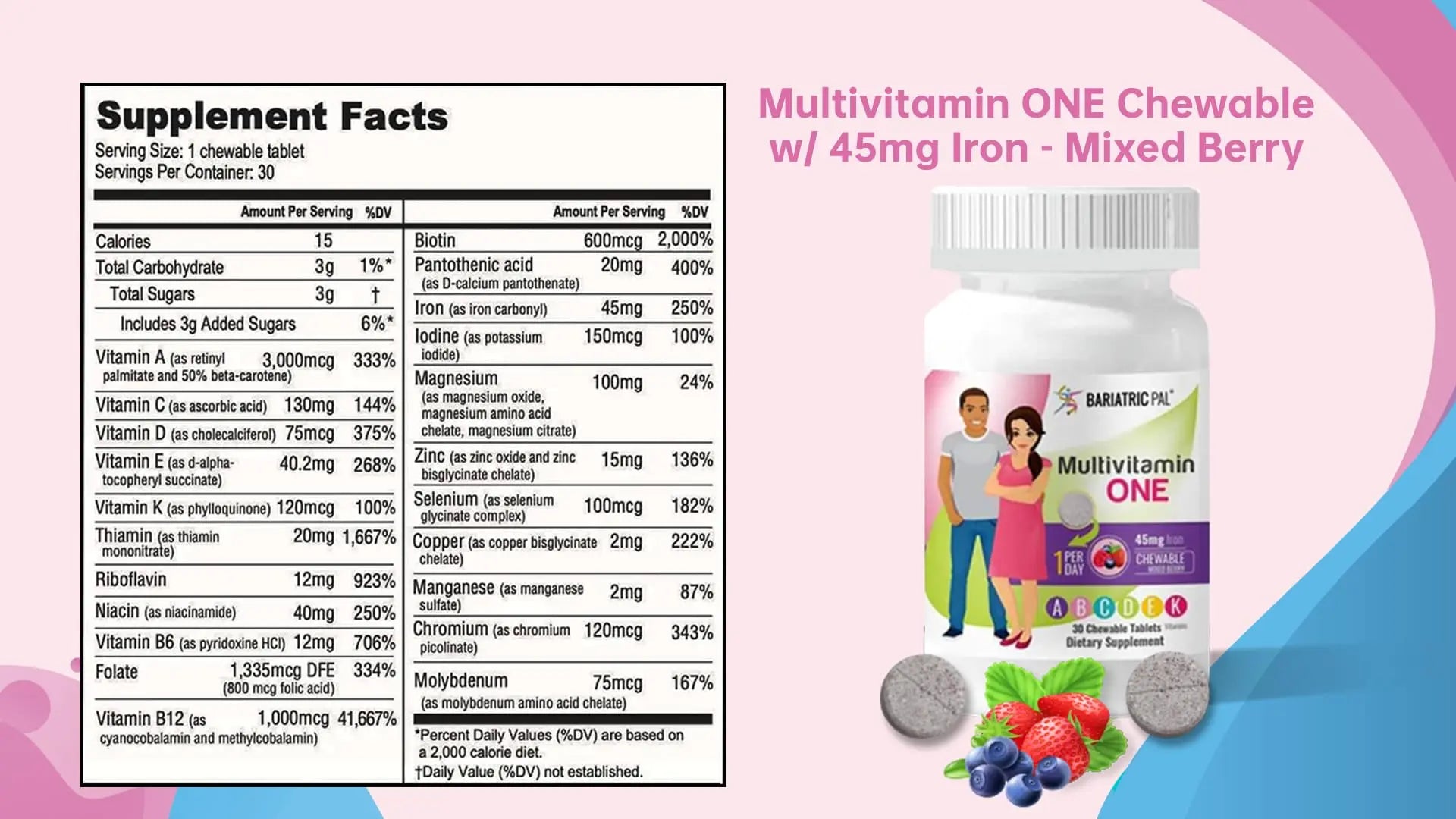BariatricPal Multivitamin ONE 1 per Day! Bariatric Multivitamin Chewable with 45mg Iron - Mixed Berry (30 Count) BariatricPalAu supplements