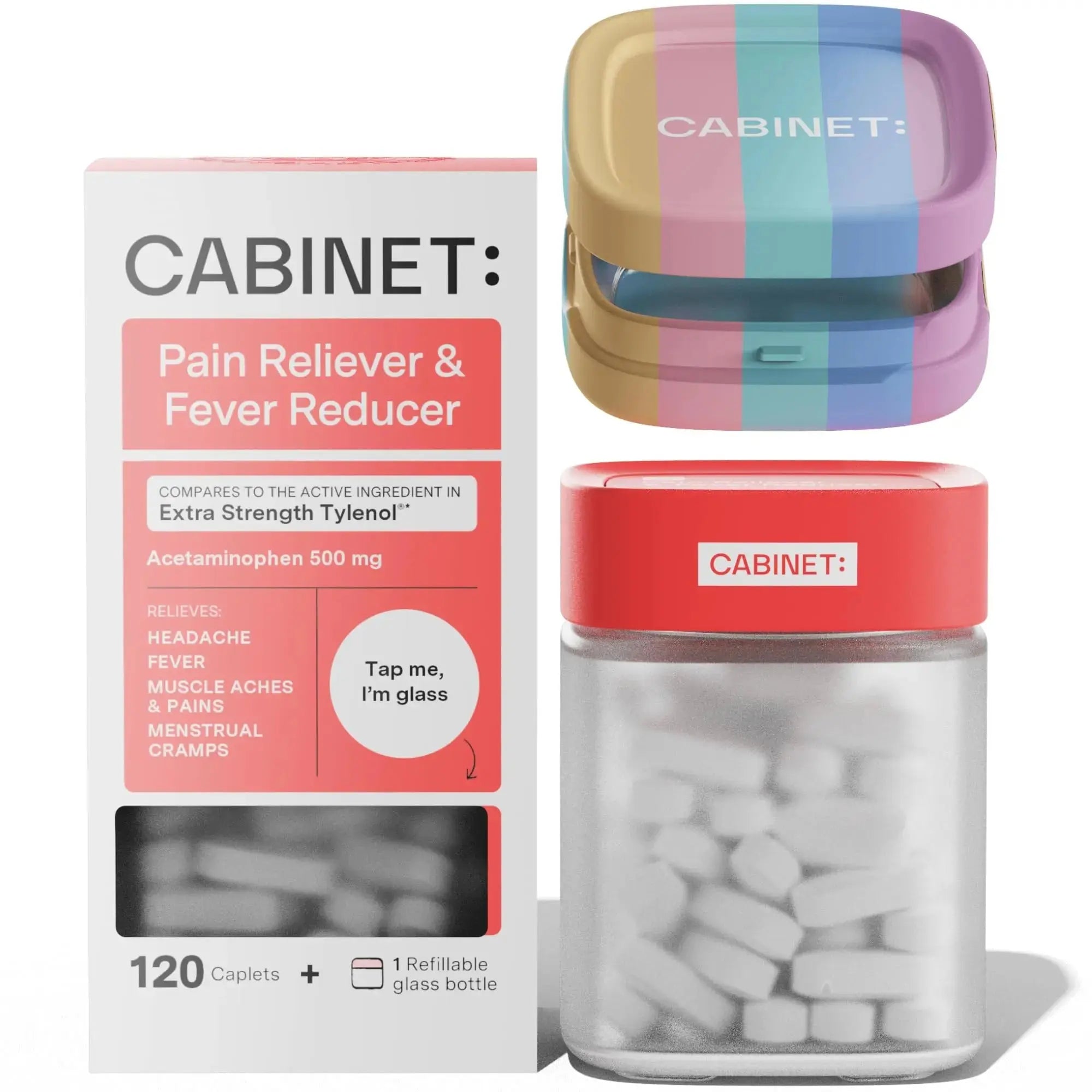 Cabinet: 500mg Acetaminophen for Headache Relief, Toothaches, Sore Throat, and Fever Reducer, Includes 1 Refillable Medicine Jar, 120 Tablets Refillable Glass Jar - w/Travel Tin Cabinet:Au supplements