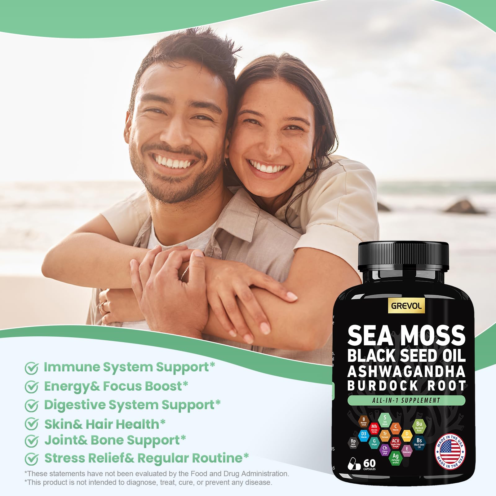 Sea Moss Black Seed Oil Ashwagandha Bladderwrack Burdock Root Turmeric & Vitamin C D3 Elderberry ACV Black Pepper - Multimineral Supplement - 60 Count GrevolAu supplements