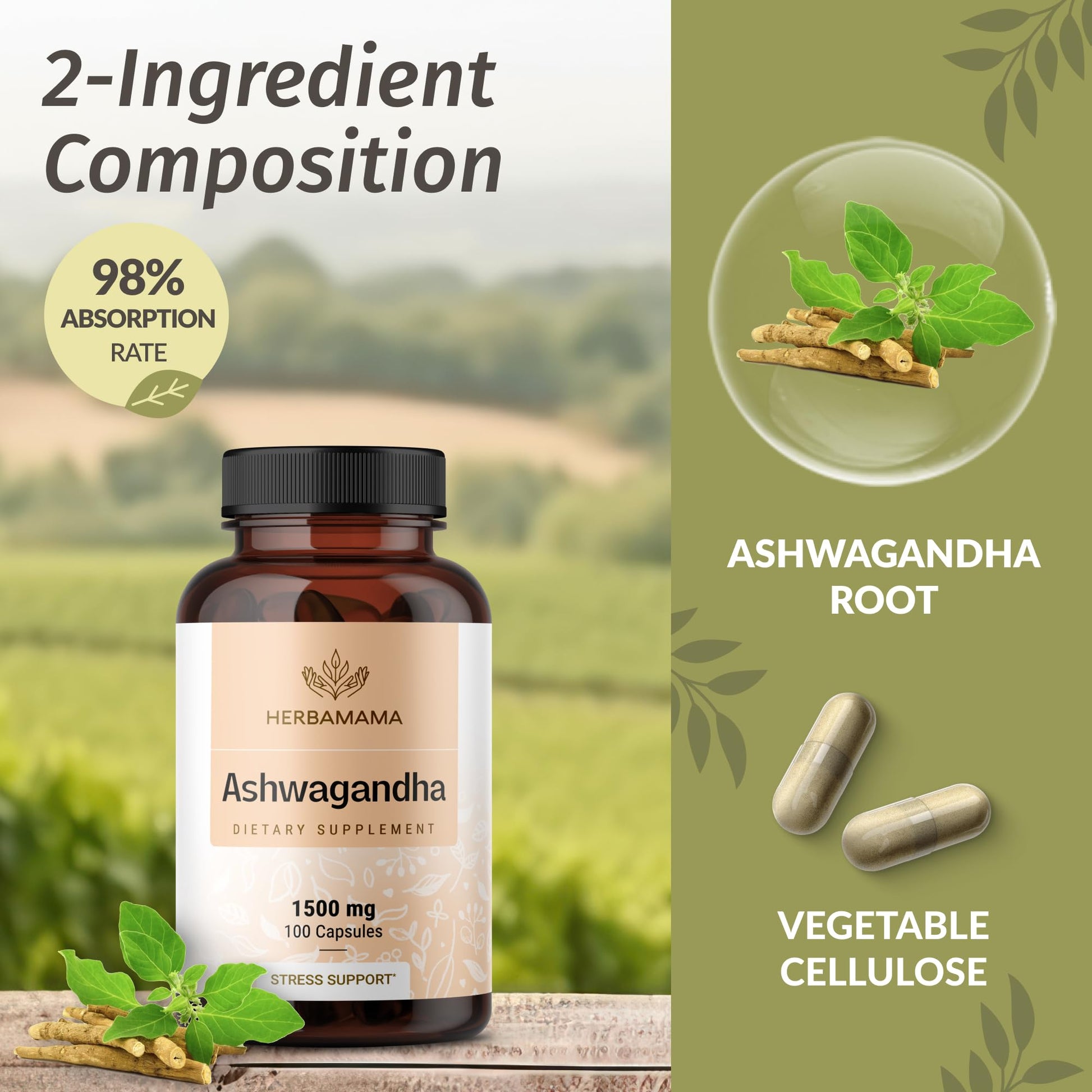 HERBAMAMA Ashwagandha Capsules - 1500mg Pure Ashwagandha Root Focus Supplement - Vegan, Non-GMO Mood & Calm Support Supplement for Adults, 100 Caps HERBAMAMAAu supplements