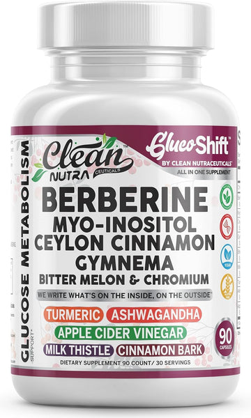 Clean Nutra Berberine Supplement Myo-Inositol Ceylon Cinnamon Gymnema Bitter Melon Chromium Complex for Digestion, Antioxidant Support & Wellness 90 Vegan Capsules Non-GMO Clean NutraceuticalsAu supplements