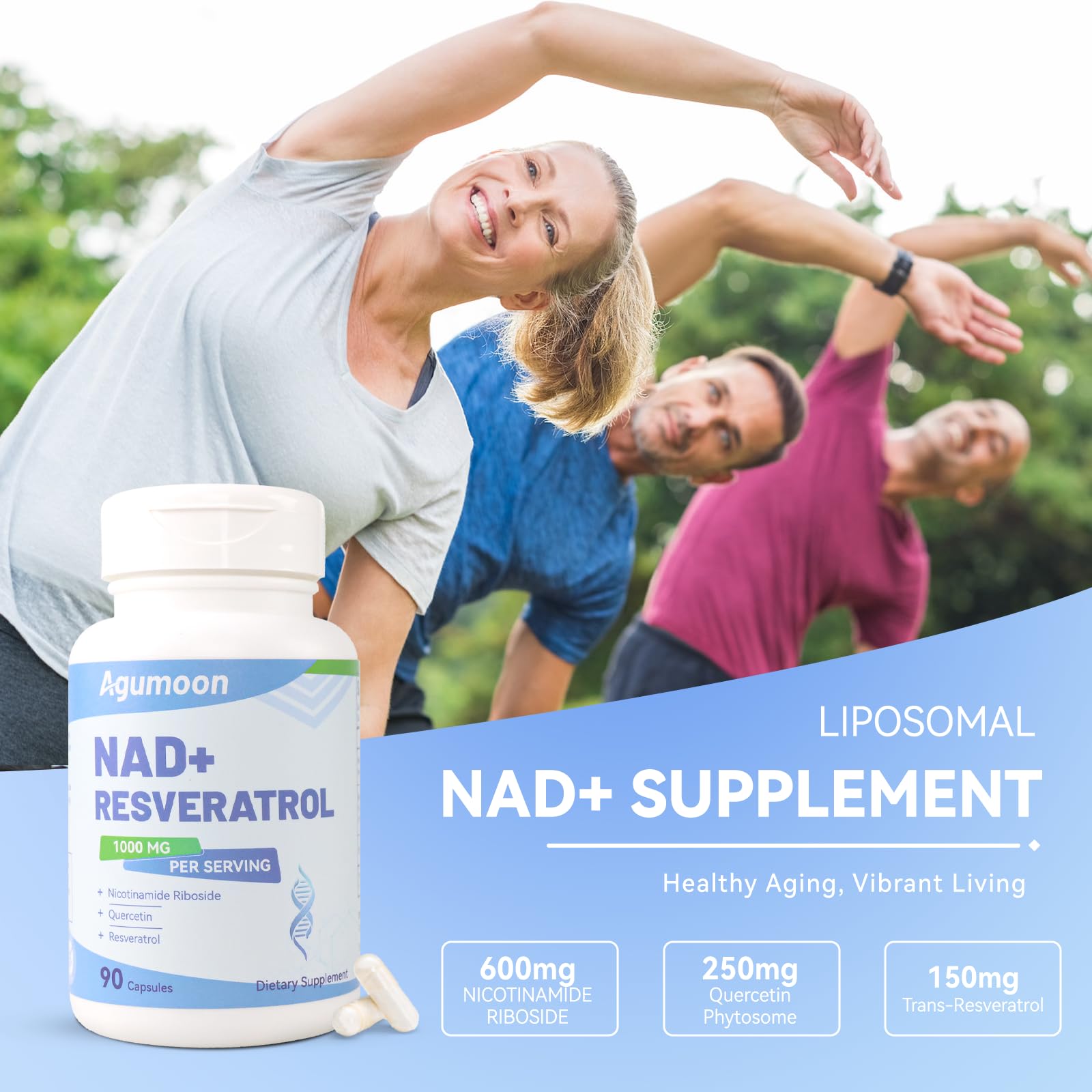 Agumoon NAD+ Supplement 1000mg, Liposomal NAD Nicotinamide Riboside Supplement with Resveratrol & Quercetin for Women and Men - 90 Capsules AgumoonAu supplements