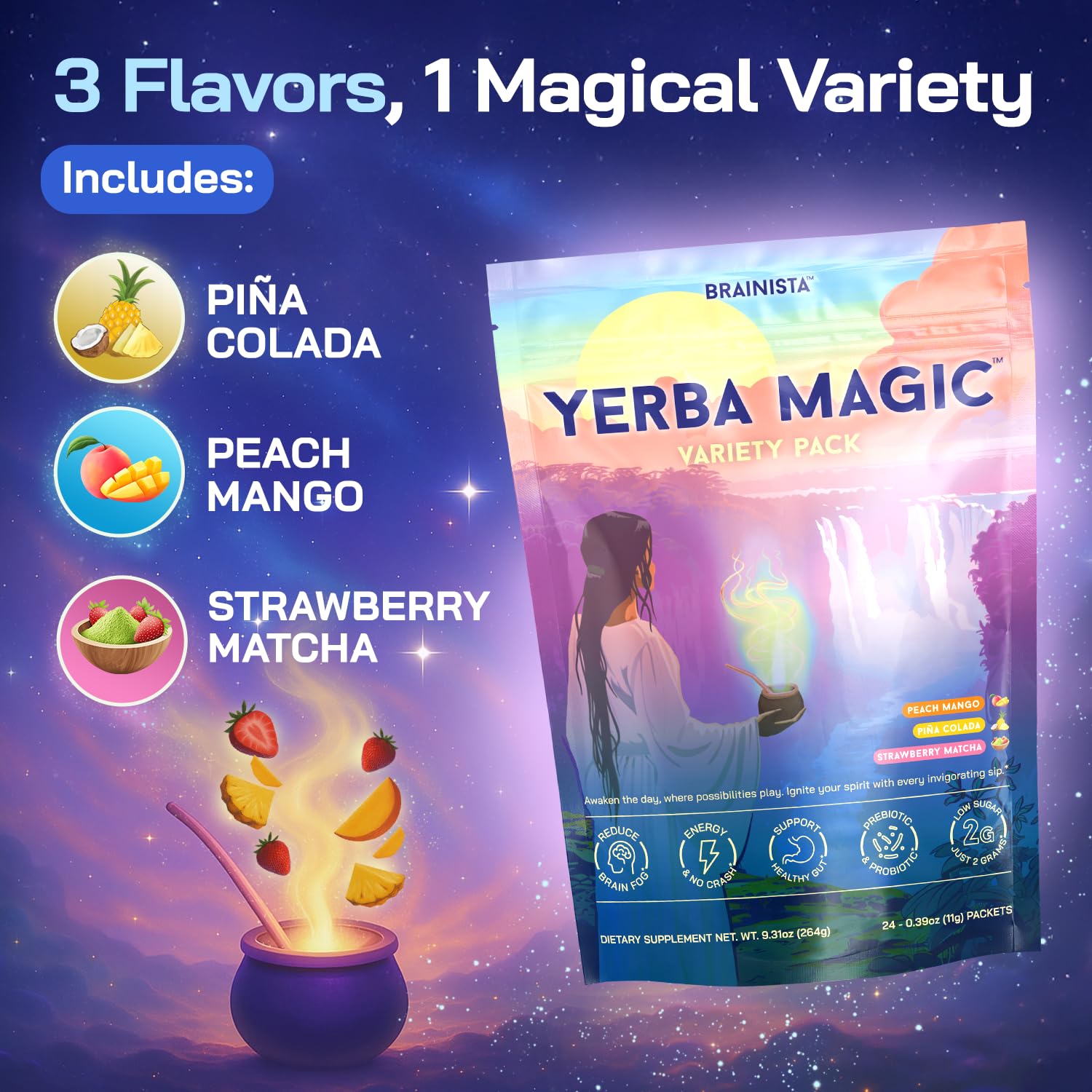 Yerba Magic Instant Yerba Mate Powder Packets – Clean Energy & Focus Drink Mix for Gut Health – Nootropic Blend with Lion’s Mane, L-Theanine, Prebiotics & Probiotics – Low Sugar Natural Caffeine – Variety Pack, 24 Sticks BrainistaAu supplements