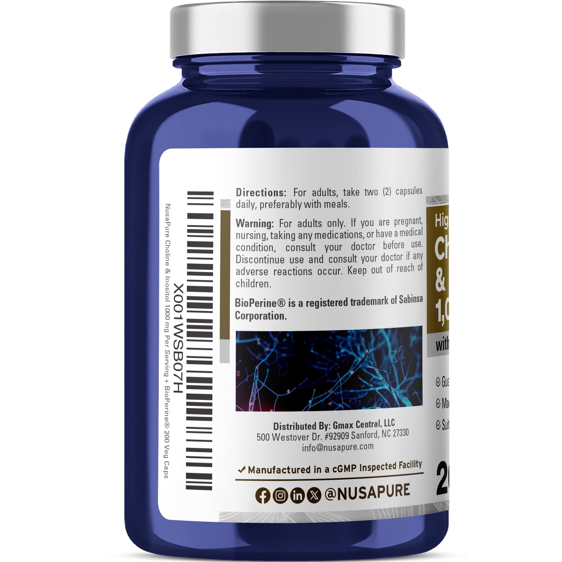 NusaPure Choline & Inositol - Suitable for Vegetarian/Vegan, Non - GMO - 1000mg - 200 Veggie Capsules NusaPureAu supplements