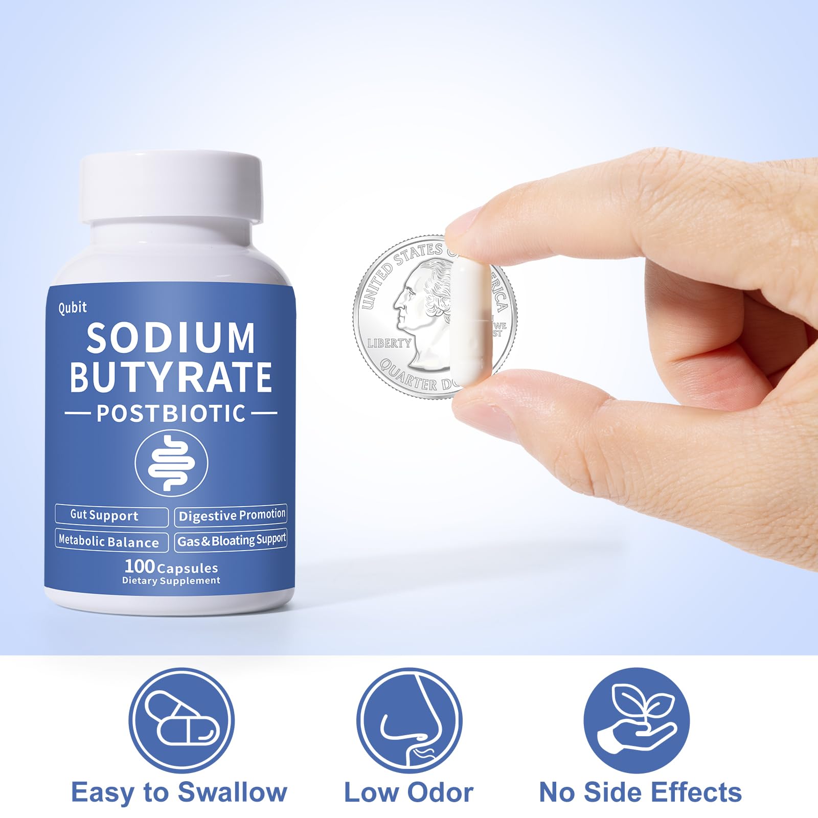 Sodium Butyrate Supplement – Postbiotic for Gut Health, Supports Digestion, IBS, Leaky Gut & Stomach Comfort – Low Odor, Easy to Swallow, No Side Effects – 100 Vegan Capsules QUBITAu supplements