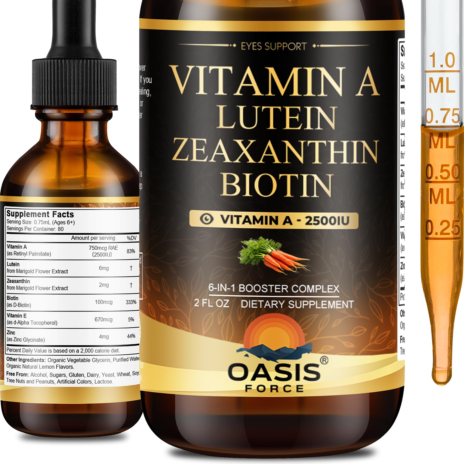 OASIS FORCE 6 in 1 Vitamin A Liquid Drops with Lutein & Zeaxanthin, Vita A Retinyl Palmitate for Skin, Vision & Immune Support, Adults & Kids Ages 6+, Vegan, Non-GMO, 2 Fl Oz OASIS FORCEAu supplements