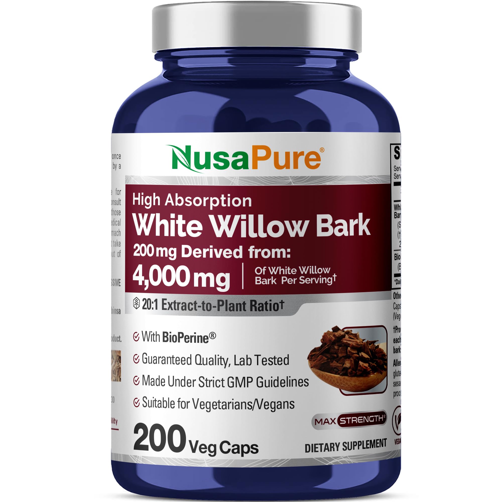 NusaPure White Willow Bark 20:1 Extract, 200 mg Equivalent to 4000mg, 200 Veggie Capsules, Max Strength, (Non-GMO, Vegan) NusaPureAu supplements