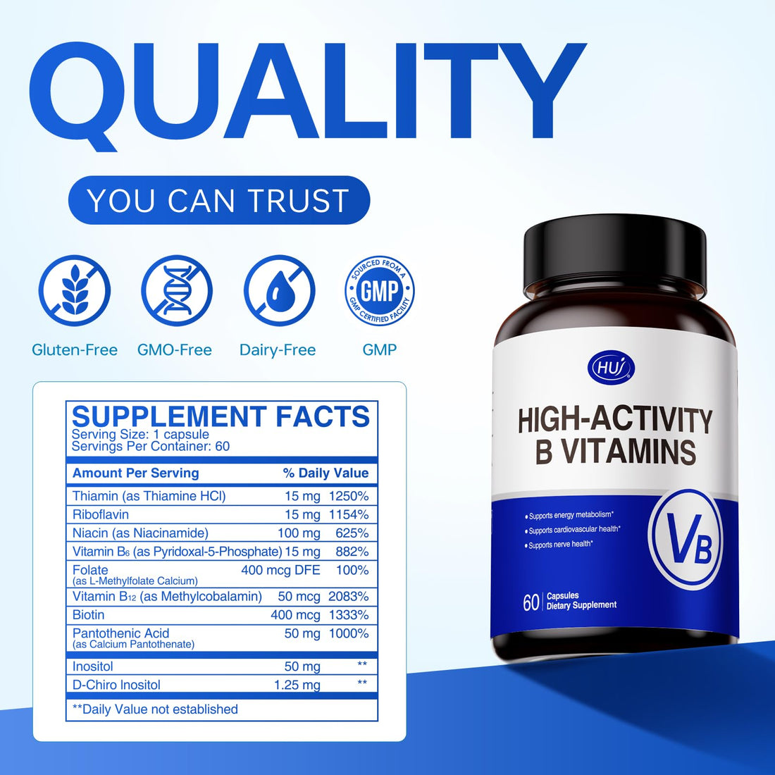 HUJ High-Activity B Vitamins - Supports Normal Energy Metabolism & Nerve System Health - Supplement with 8 B Vitamins, Inositol and D-Chiro Inositol - 60 Capsules. HUJAu supplements