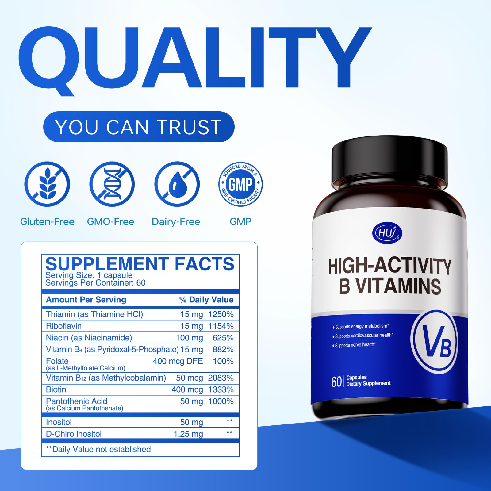 HUJ High-Activity B Vitamins - Supports Normal Energy Metabolism & Nerve System Health - Supplement with 8 B Vitamins, Inositol and D-Chiro Inositol - 60 Capsules. HUJAu supplements