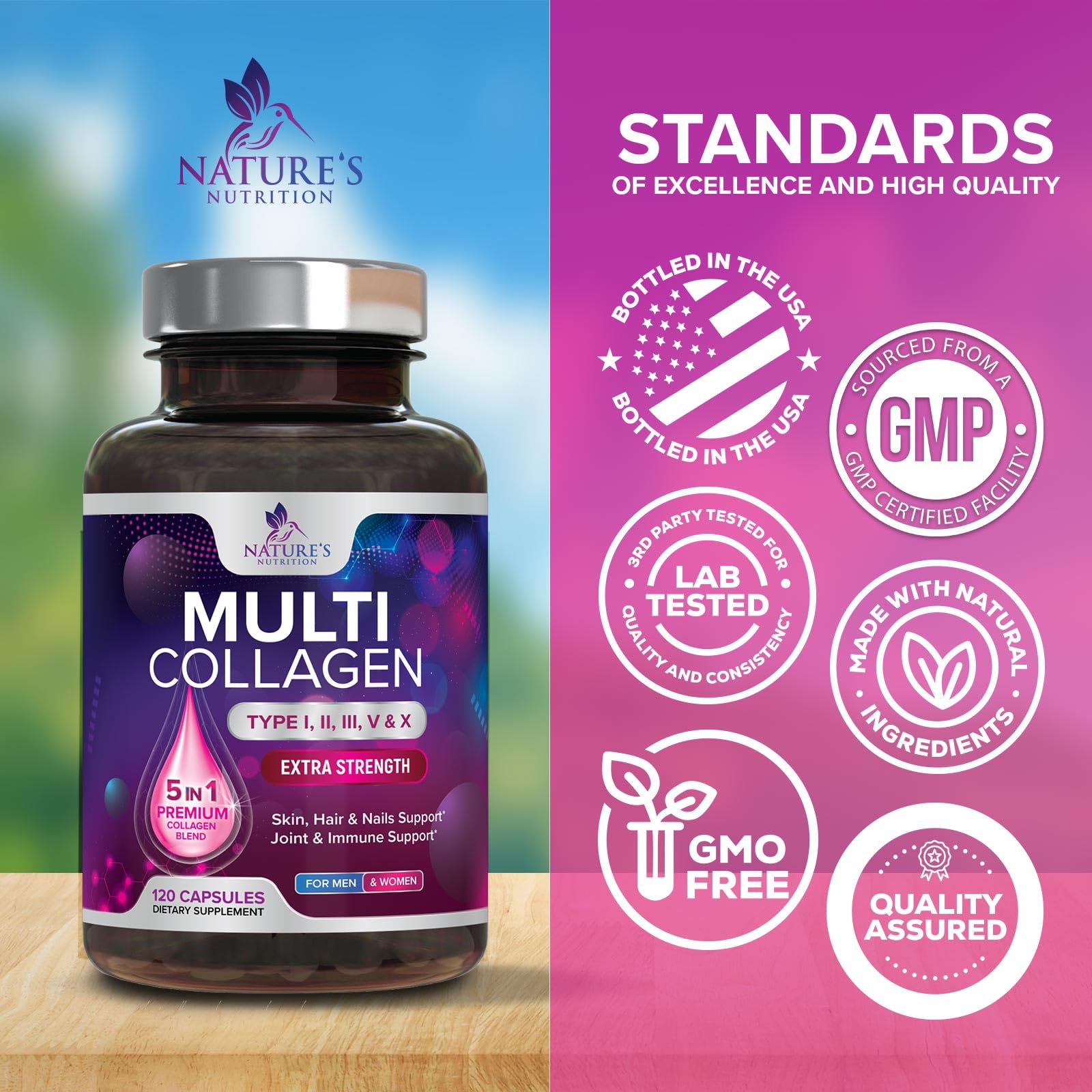 Multi Collagen Pills 2400 mg - Advanced Types I, II, III, V, X - Hydrolyzed Multi Collagen Peptides Pills, Collagen Supplements for Women & Men - Hair, Skin, & Nail Support Supplement - 120 Capsules Nature's NutritionAu supplements