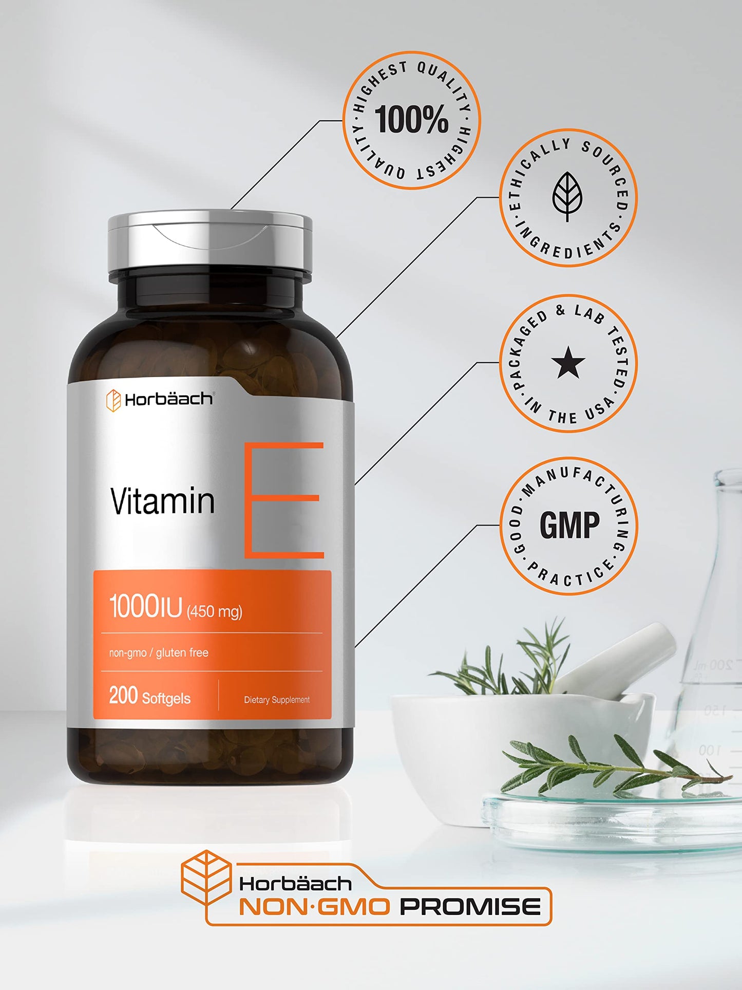 Vitamin E 1000 IU Softgel Capsules | 200 Count | Non-GMO, Gluten Free, Preservative Free HorbäachUS supplements