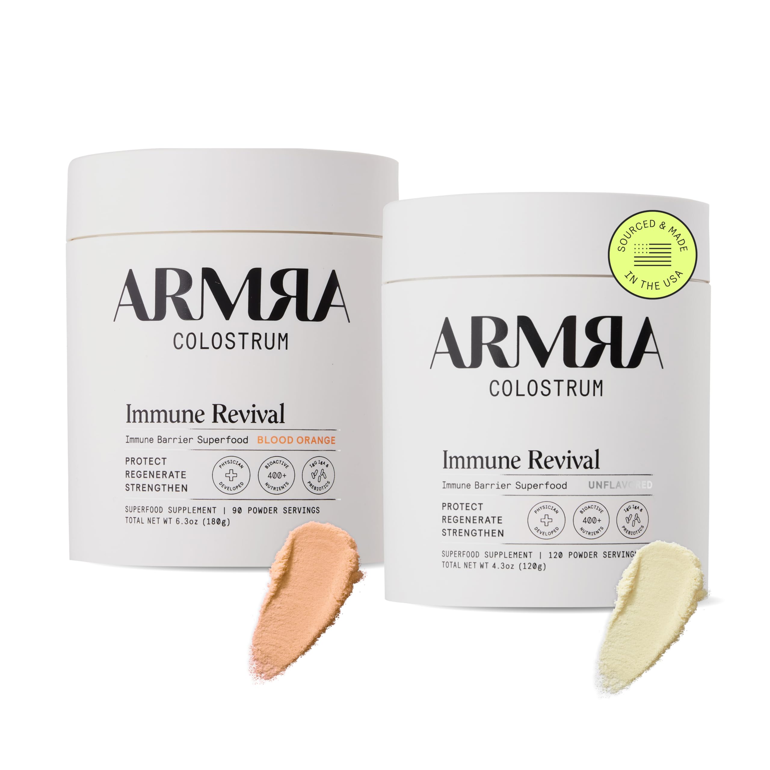 ARMRA Colostrum™ Premium Powder, Grass Fed, Gut Health Bloating Immunity Skin & Hair, Contains 400+ Bioactive Nutrients, Potent Bioavailable, Keto, Gluten & Fat Free (Unflavored and Blood Orange Jars) ARMRAUS supplements
