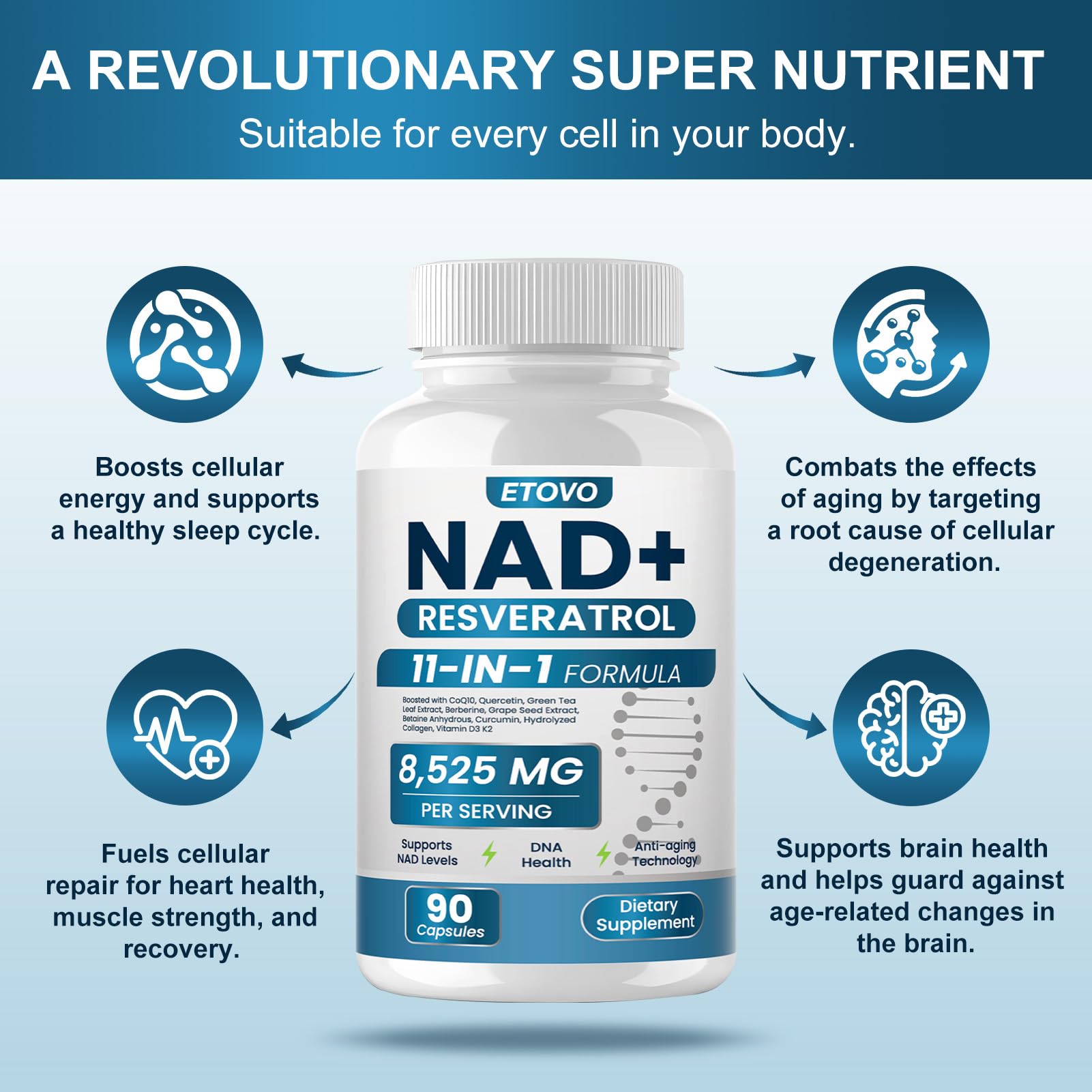 ETOVO NAD+ Supplement, 8525 mg Liposomal NAD Resveratrol Supplement for Women and Men with Coptisine Quercetin Curcumin Supports Cellular Health, Energy & Healthy Anti-Aging 180 Counts ETOVOAu supplements