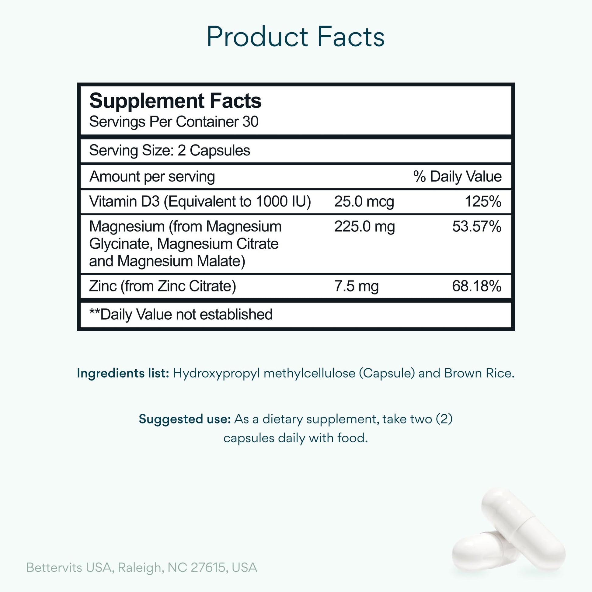 Bettervits Magnesium Glycinate Complex with Citrate Malate Zinc & Vitamin D3 | High Absorption Pure Magnesium 225mg Supplement Chelated Formula for Muscle Relaxation, Sleep Support – 60 Capsules BettervitsAu supplements