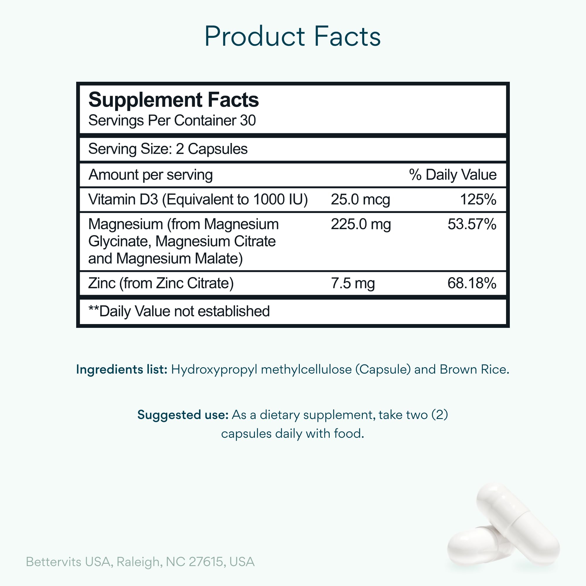 Bettervits Magnesium Glycinate Complex with Citrate Malate Zinc & Vitamin D3 | High Absorption Pure Magnesium 225mg Supplement Chelated Formula for Muscle Relaxation, Sleep Support – 60 Capsules BettervitsAu supplements