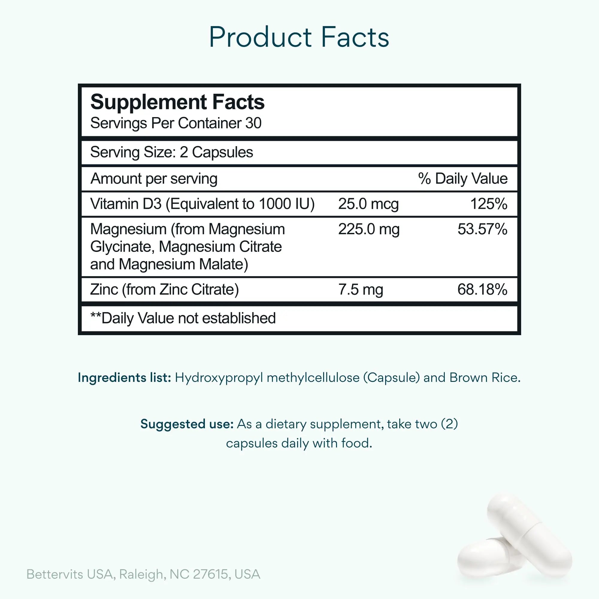 Bettervits Magnesium Glycinate Complex with Citrate Malate Zinc & Vitamin D3 | High Absorption Pure Magnesium 225mg Supplement Chelated Formula for Muscle Relaxation, Sleep Support – 60 Capsules Bettervitsnz supplements