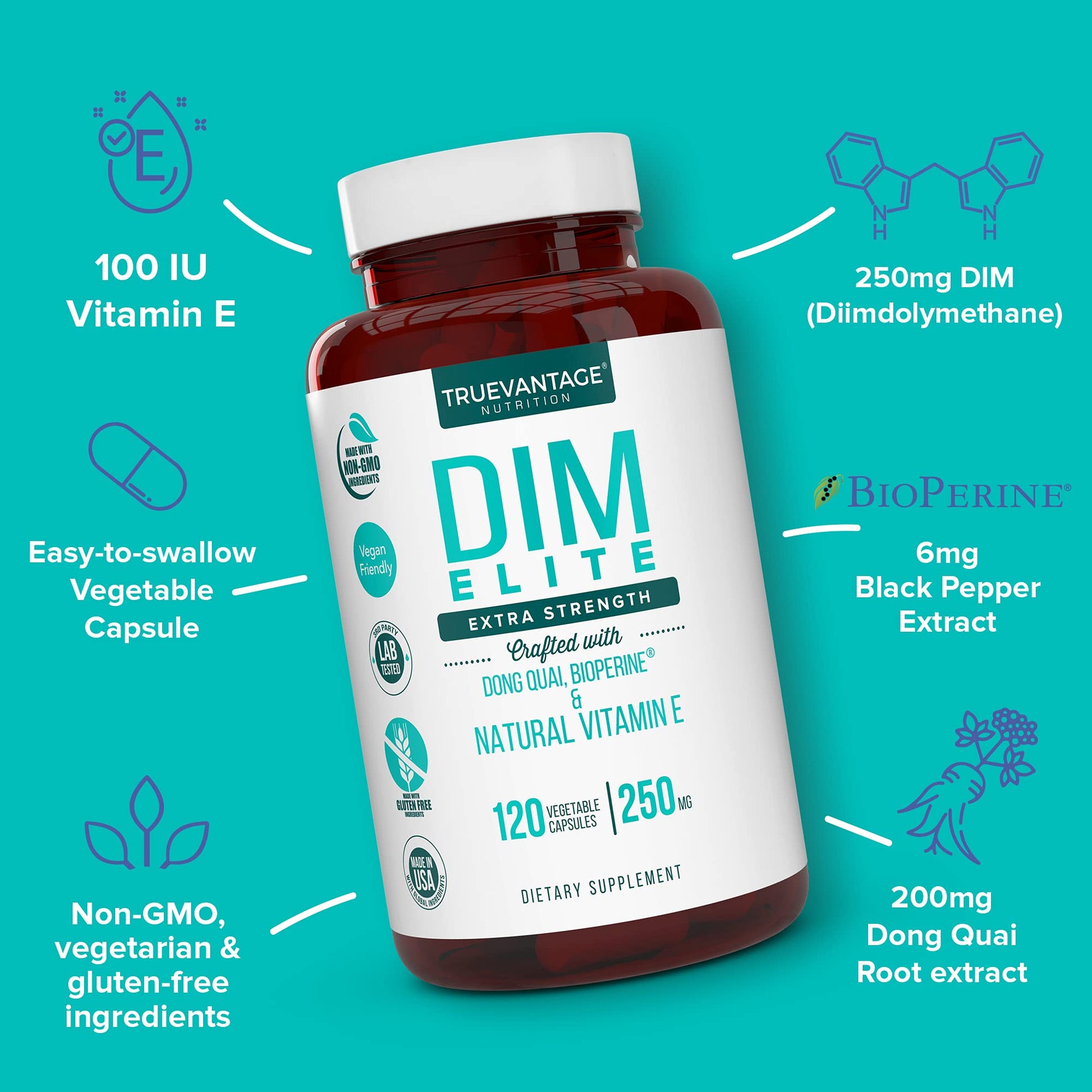 DIM Supplement 250mg (Diindolylmethane)-Plus Dong Quai, Natural Vitamin E & BioPerine - Supports Menopause Relief & Hormonal Acne -Hormone Balance Support for Women and Men-Veggie Caps Truevantage NutritionAu supplements