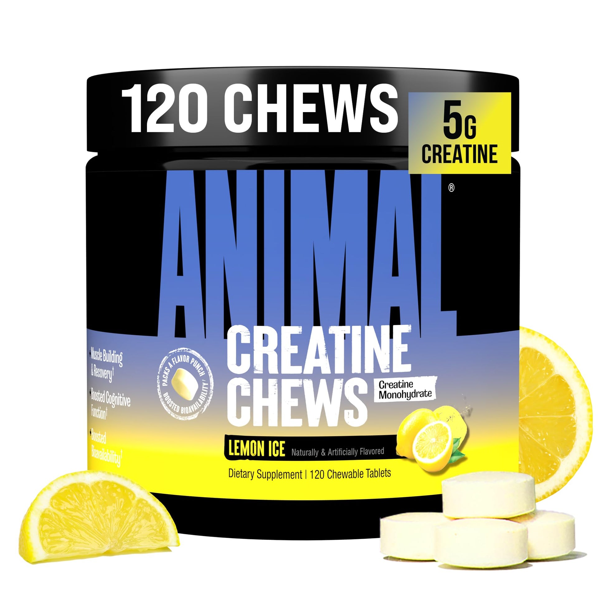 Animal Creatine Chews Tablets - Enhanced Creatine Monohydrate with AstraGin to Improve Absorption, Sea Salt for Added Pumps, Delicious and Convenient Chewable Tablets - Lemon Ice AnimalAu supplements