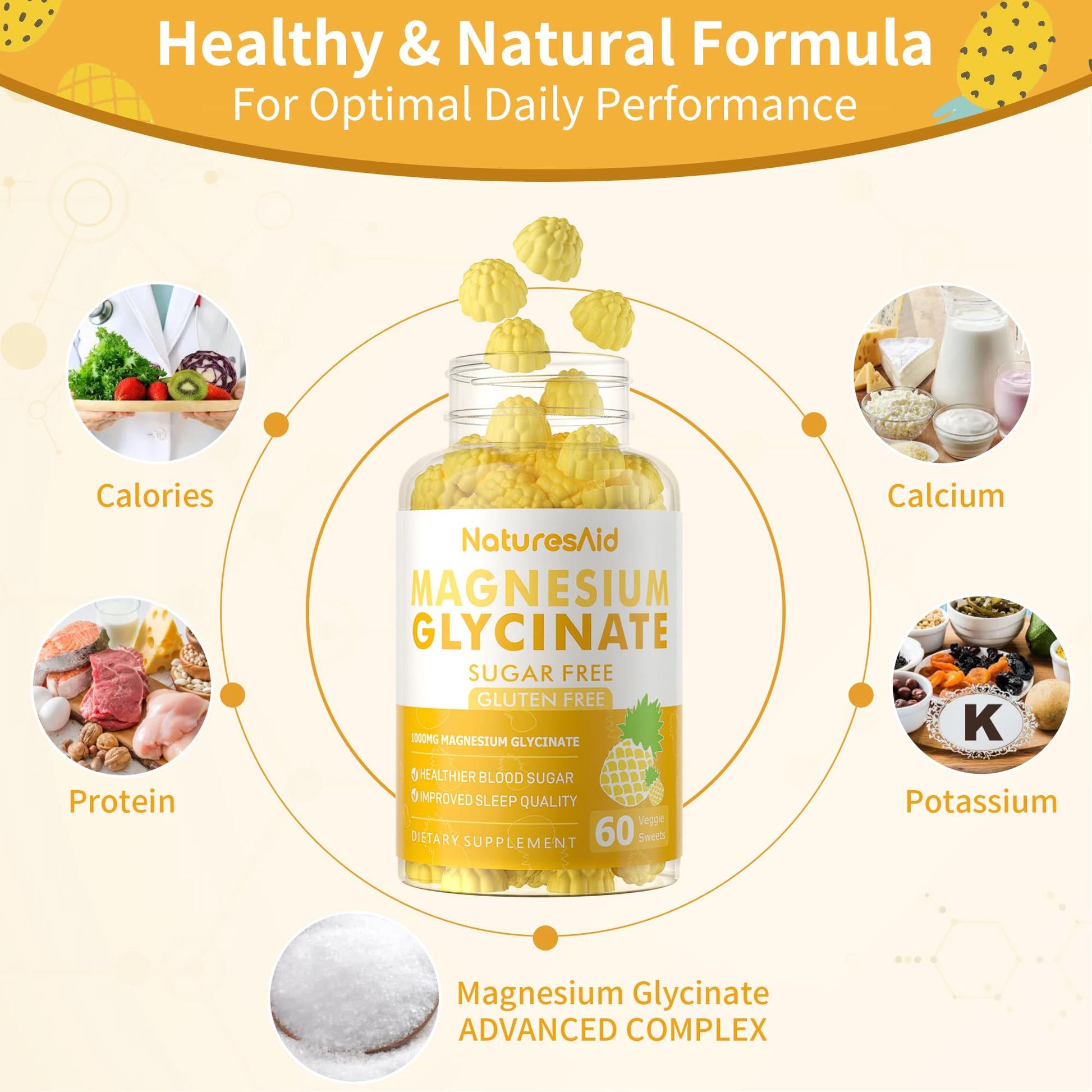 Magnesium Glycinate Gummies 1000mg - Sugar Free Magnesium Potassium Supplement with Vitamin D, B6, CoQ10 for Calm Mood & Sleep Support - 60 Pineapple Gummies -1 Pack Natures AidAu supplements