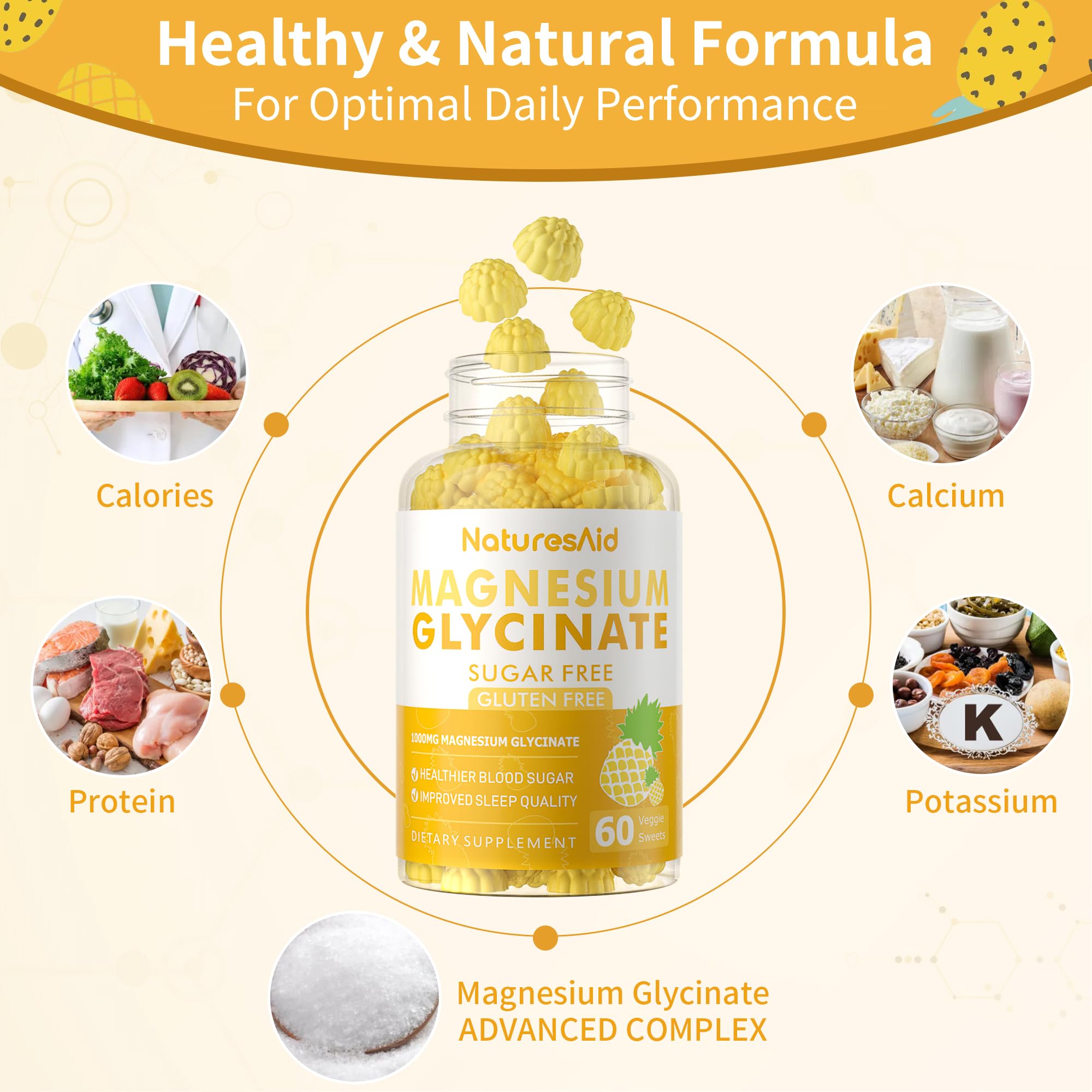 Magnesium Glycinate Gummies 1000mg - Sugar Free Magnesium Potassium Supplement with Vitamin D, B6, CoQ10 for Calm Mood & Sleep Support - 60 Pineapple Gummies -1 Pack Natures AidAu supplements