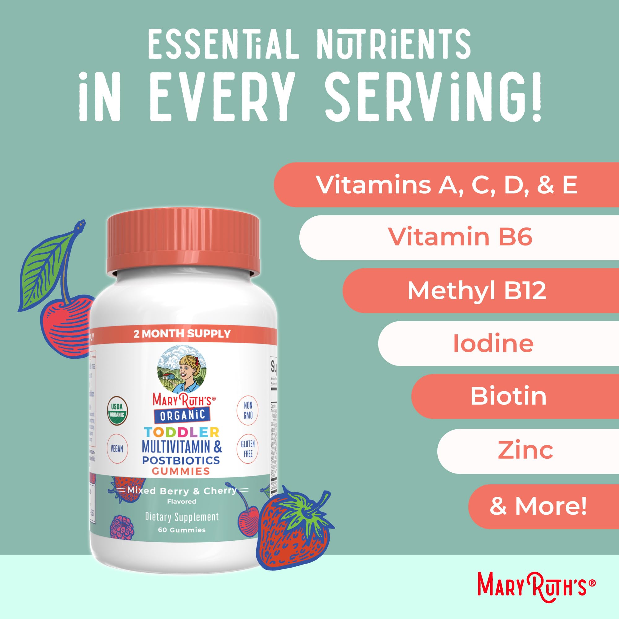 MaryRuth Organics Toddler Multivitamin Gummies + Postbiotics | USDA Organic | Vitamins for Kids Ages 2+ | Immune Support | Vitamin C | Vitamin D3 | Vitamin A | Zinc | Vegan | Non-GMO | 60 Servings MARYRUTH'SAu supplements