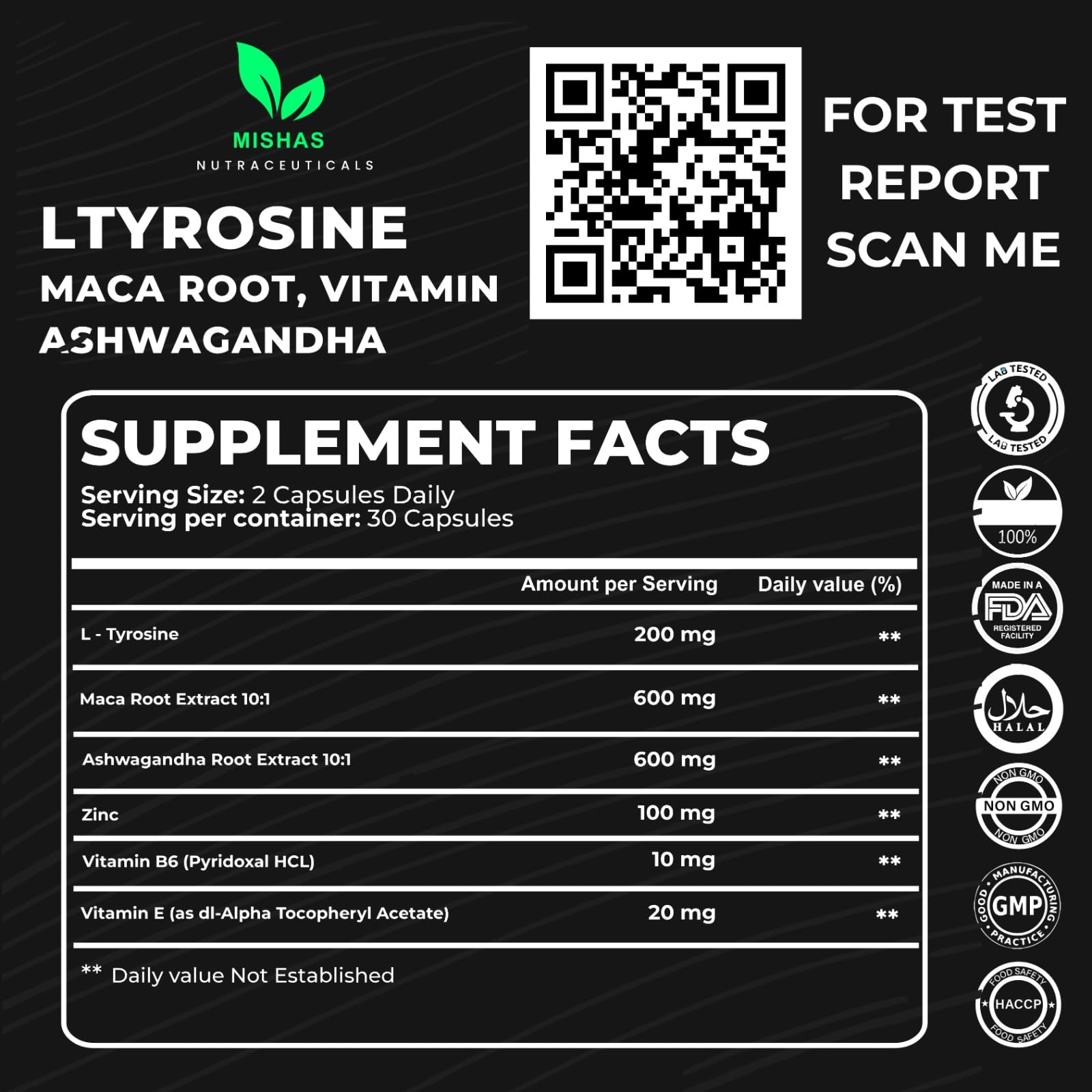Mishas Nutraceuticals L-Tyrosine with Maca Root, Ashwagandha & Vitamins Complex – Energy, Mental Focus, Stress Relief & Immunity Support – 60 Capsules (30 Servings) MishasAu supplements