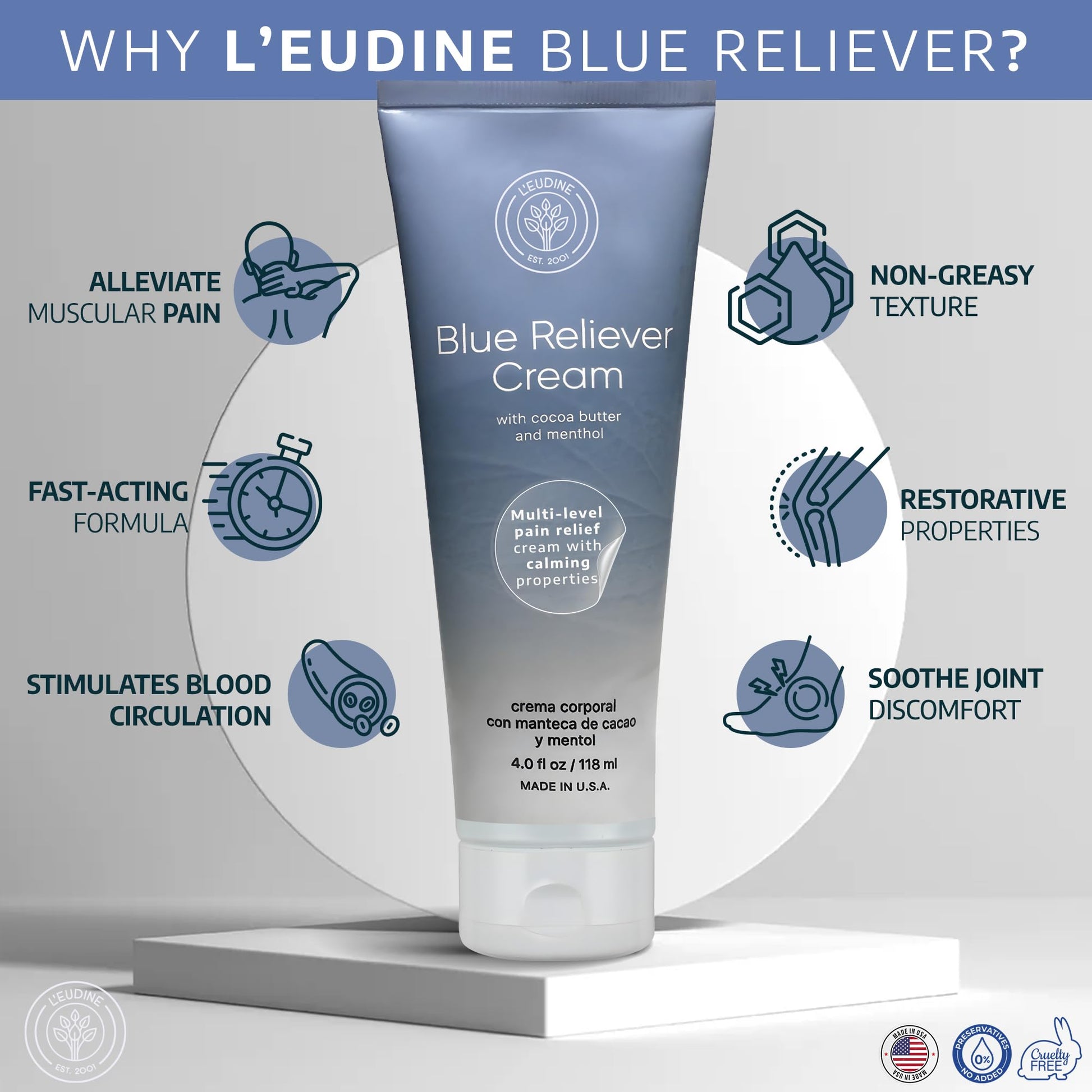 L'EUDINE Blue Reliever Cream – Joint and Muscle Therapy, Body Cream with Cocoa Butter and Menthol L'eudineAu supplements