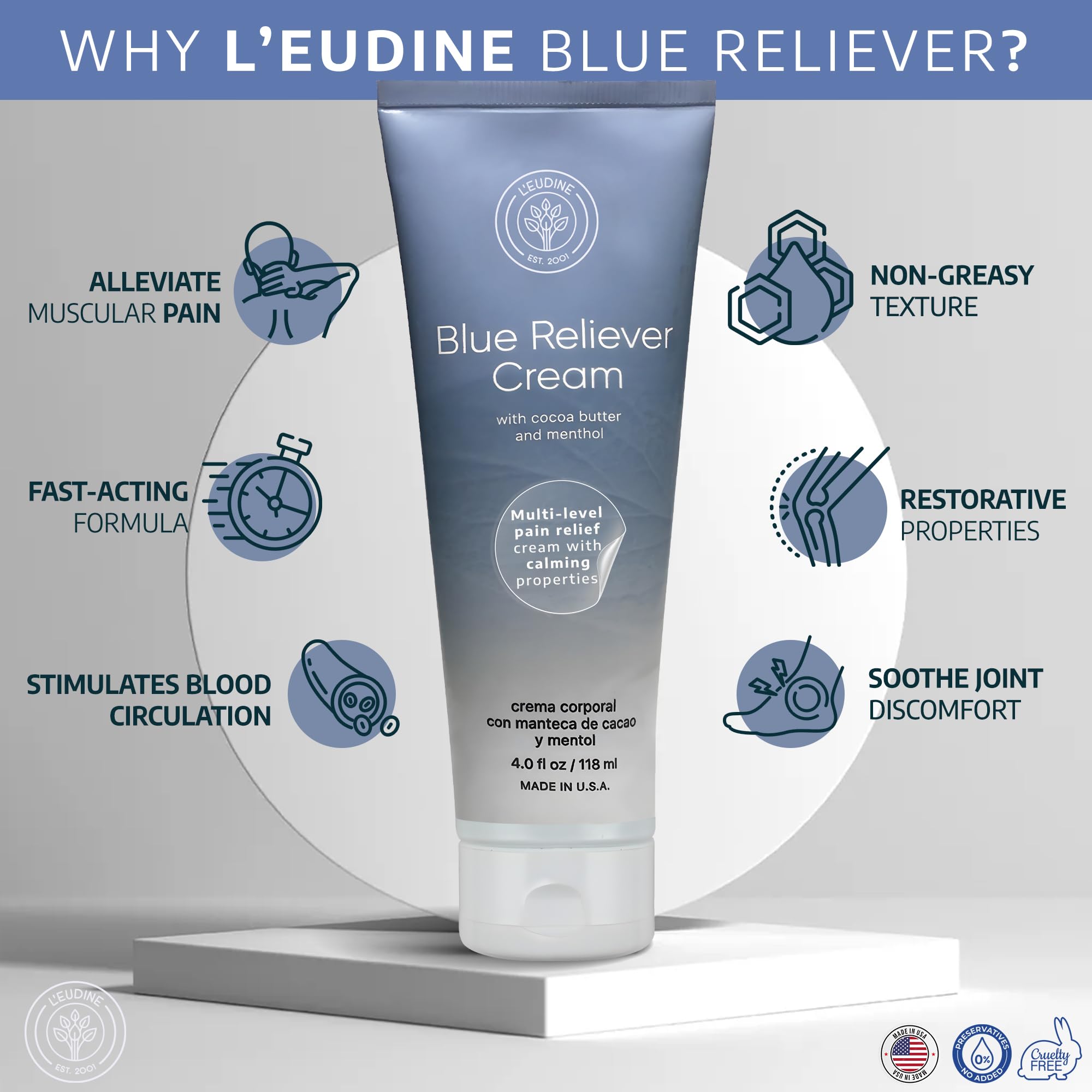 L'EUDINE Blue Reliever Cream – Joint and Muscle Therapy, Body Cream with Cocoa Butter and Menthol L'eudineAu supplements