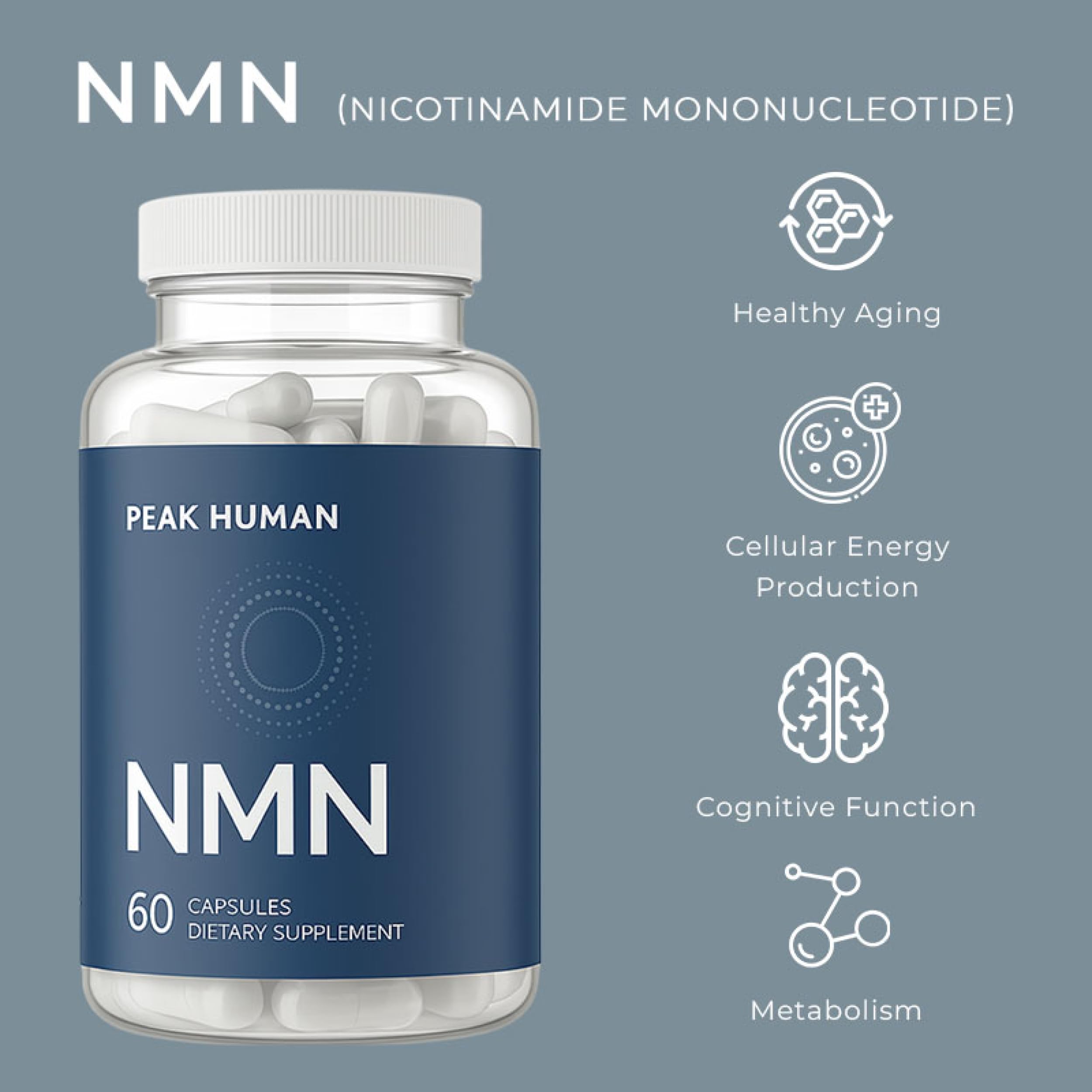 Peak Human Beta-NMN | Beta Nicotinamide Mononucleotide NAD+ Precursor - Advanced Cellular Energy & Longevity - Promotes Vitality, Metabolic Function & Focus - Non-GMO, Vegan Capsules - 60 Count Peak HumanAu supplements