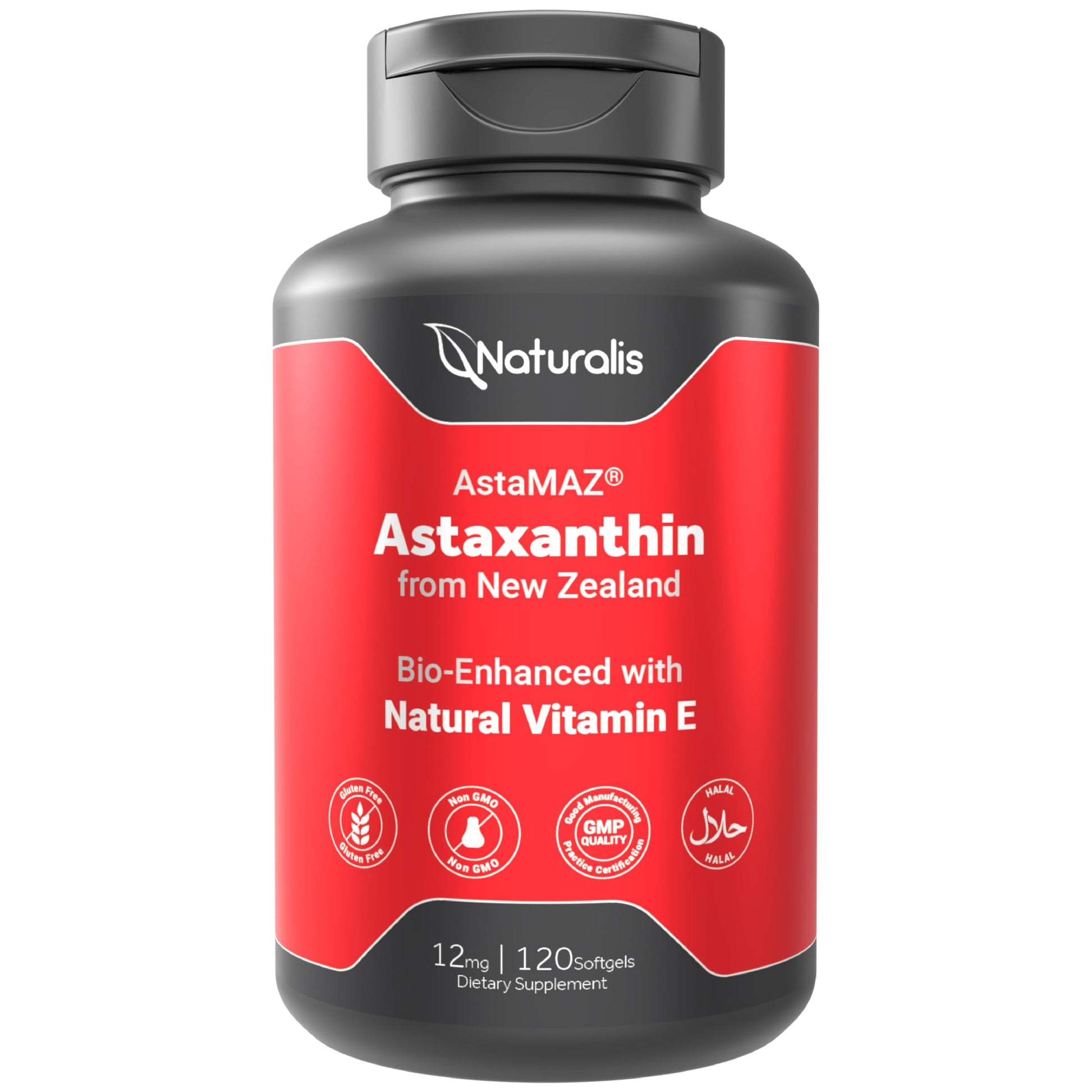 Naturalis New Zealand Astaxanthin (12mg) | Enhanced with Natural Vitamin E | Non-GMO, Soy & Gluten Free | 120 Softgels (4 Month Supply) NaturalisAu supplements