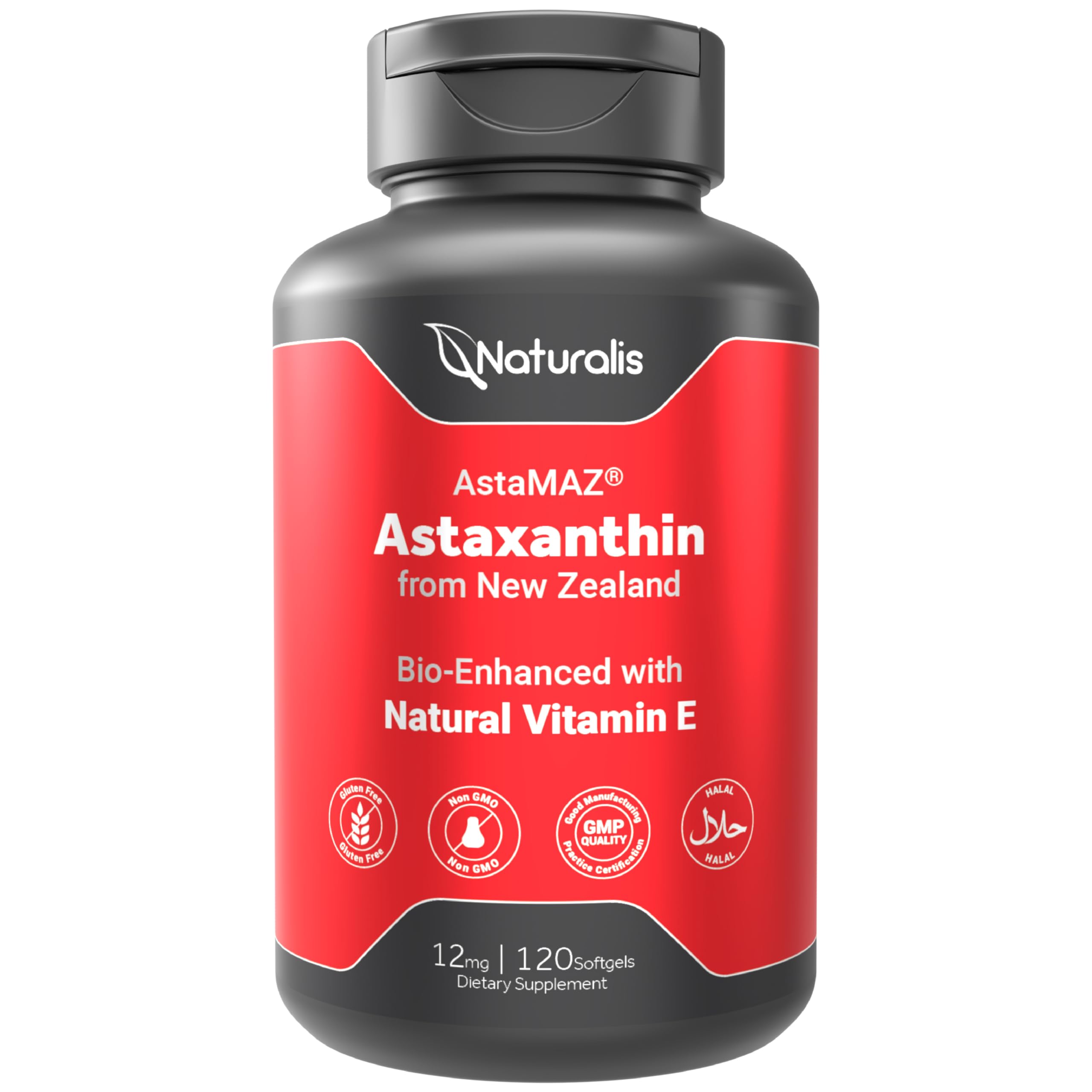 Naturalis New Zealand Astaxanthin (12mg) | Enhanced with Natural Vitamin E | Non-GMO, Soy & Gluten Free | 120 Softgels (4 Month Supply) NaturalisAu supplements